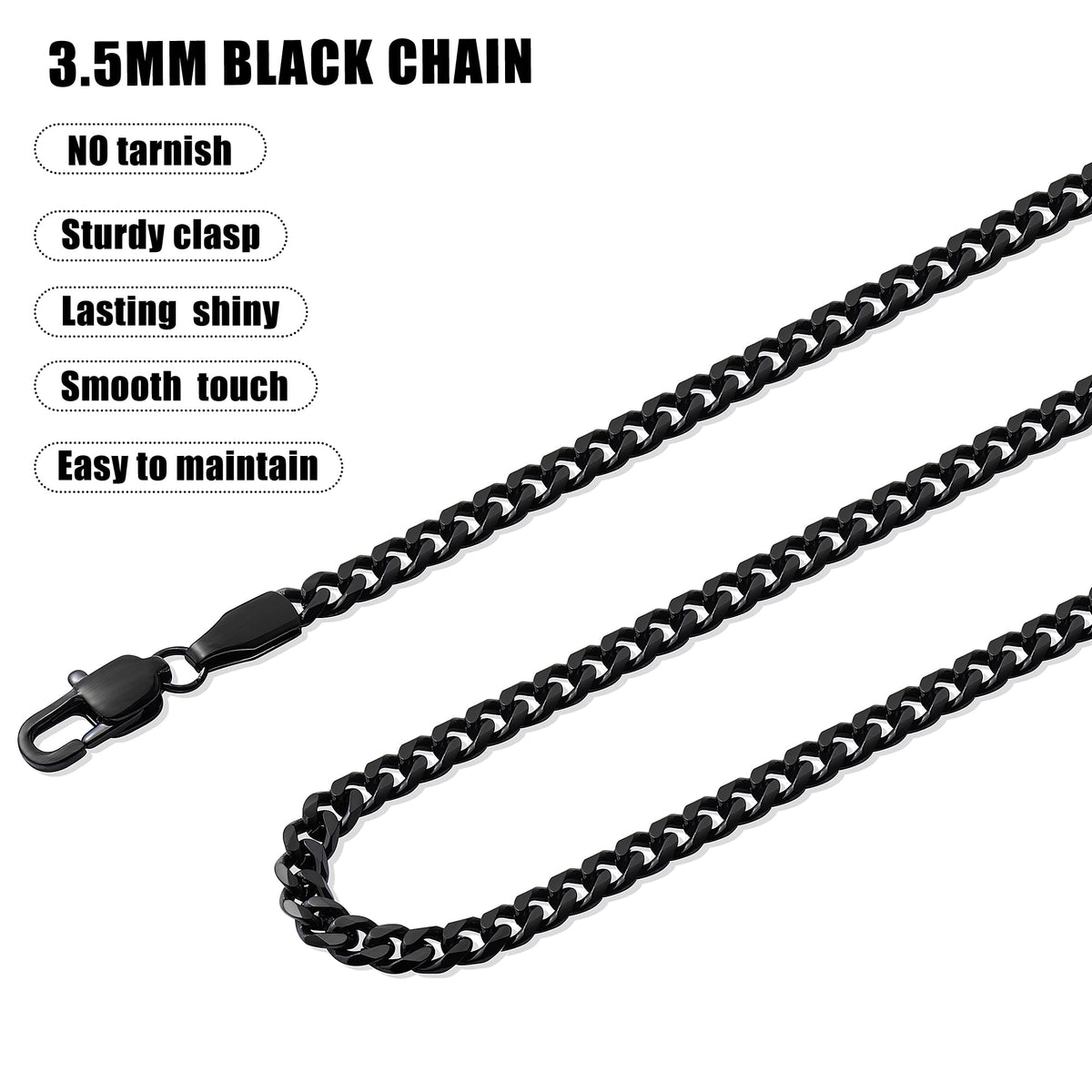 Fiusem 3.5mm Black Chain for Men, Black Cuban Link Chain Necklace for Men and Women, Stainless Steel Cuban Necklace 20 Inch