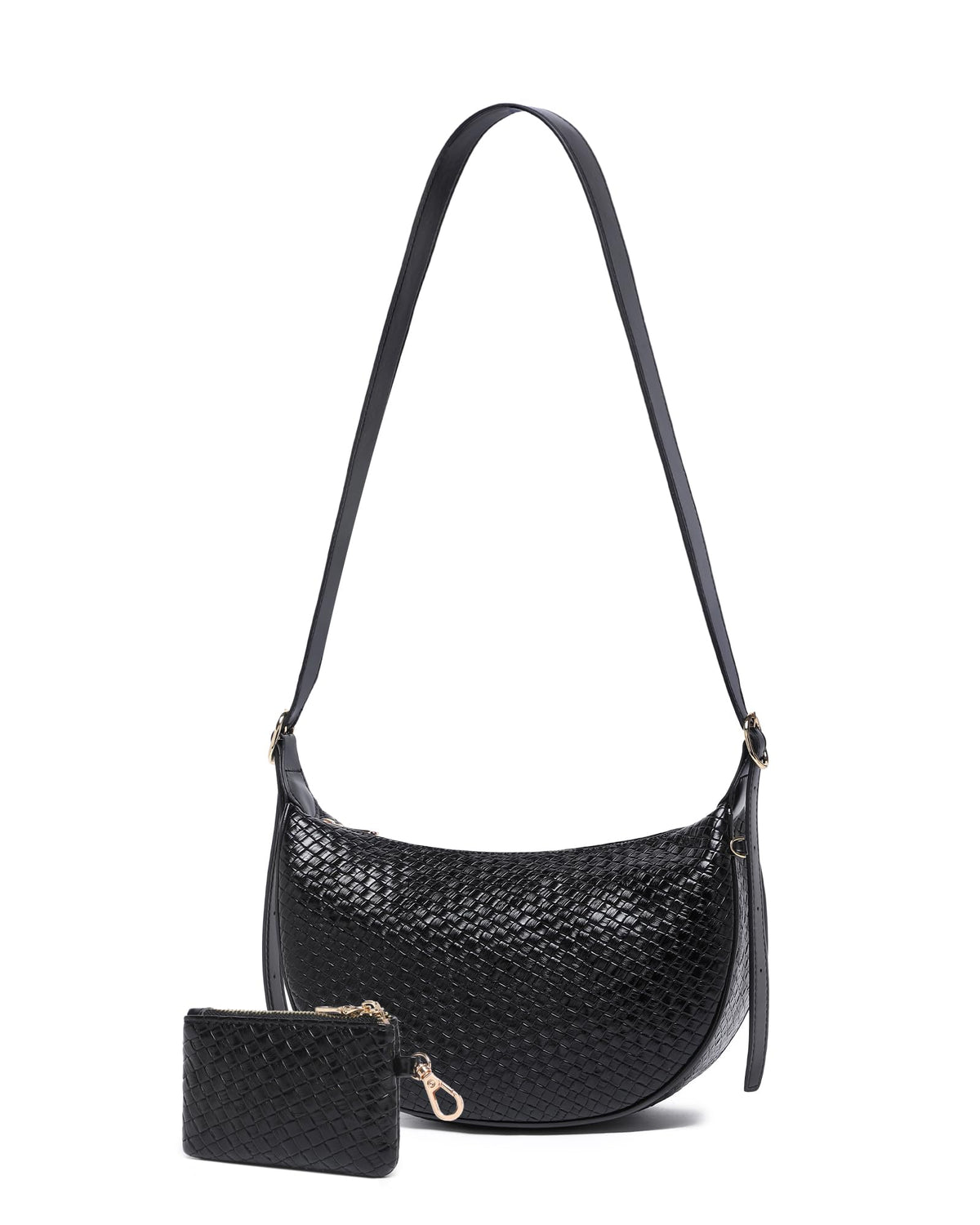 Purses for Women Woven Crescent Shoulder Bag 2PC Vegan Leather Hobo Crossbody Handbag with Small Matching Bag