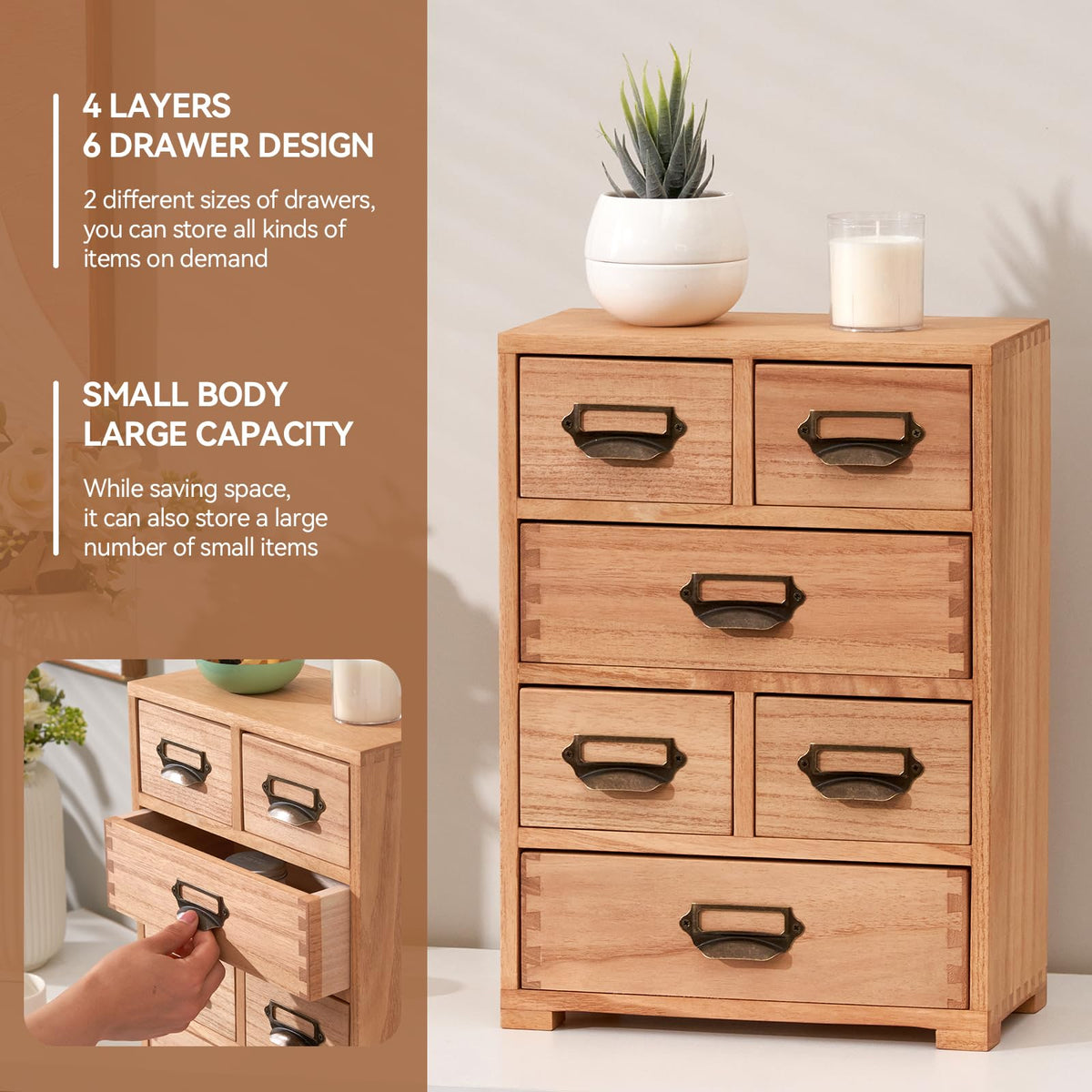 KIRIGEN Wooden Storage Cabinet Organizer Desktop Storage Drawers for Home Office Supplies Natural(4D6CG-NA)