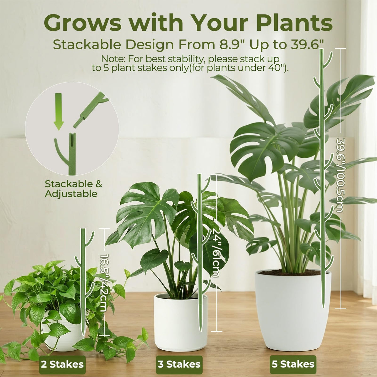 Heavy-Duty Monstera Plant Support Stakes - 10-Piece Stackable Sticks for Climbing Stem up to 39.6" Tall - 0.55" Thick Indoor Plant Poles & Outdoor Garden Structures