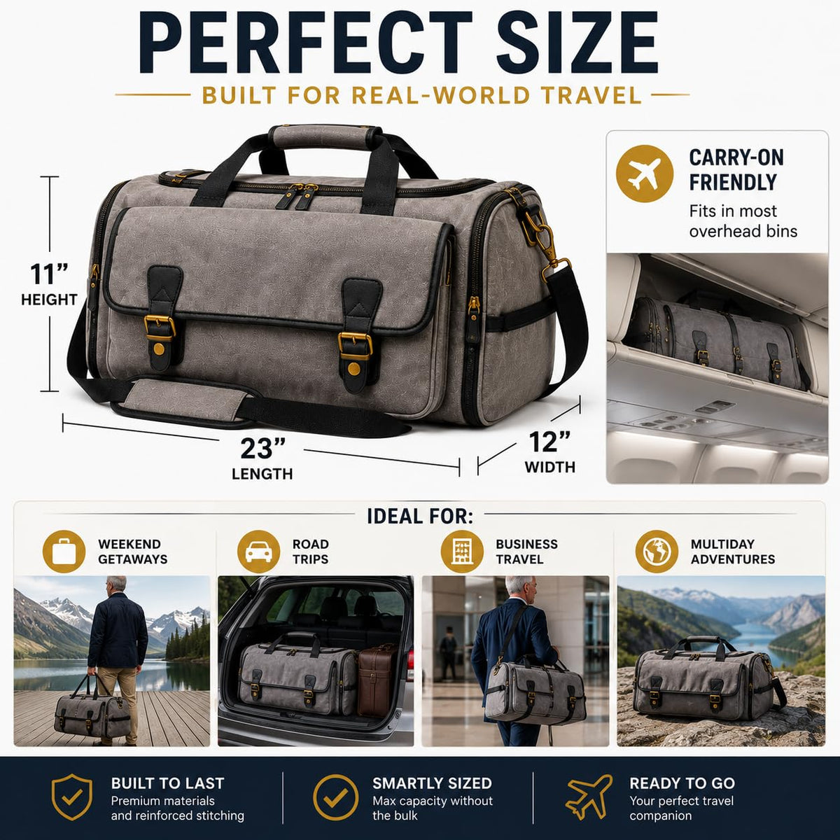 Oversized Canvas Weekender Duffel Bag for Men, Gift for Dad, Genuine Leather Trim & Brass Hardware, 23" Carry-On Travel Bag, Large Overnight Weekend Bag, Gray
