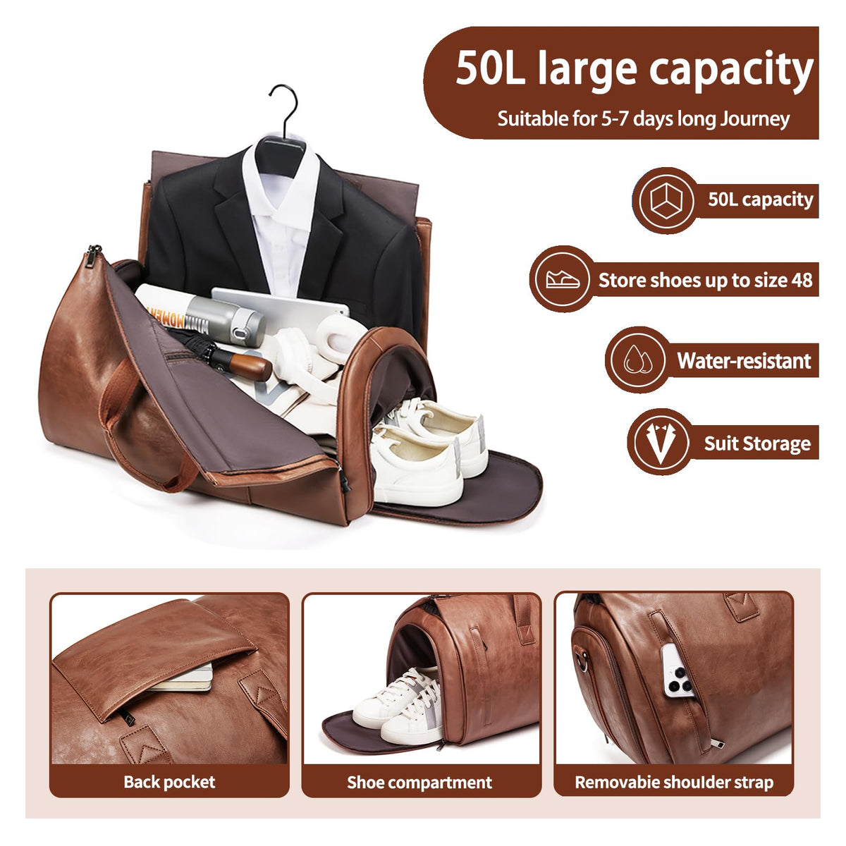 Leather Garment Bag，Convertible Garment Duffel Bag for Travel Mens Suit Bag 2 in 1 Waterproof Foldable Carry on Garment Bag with Shoulder Strap Weekender Bag with Shoe Pouch