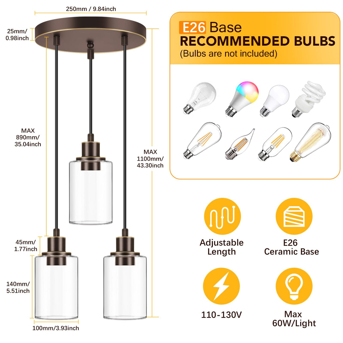 MAXvolador 3-Light Pendant Light Fixture, Adjustable Clear Glass Shade, E26 Base, Oil-Rubbed Bronze