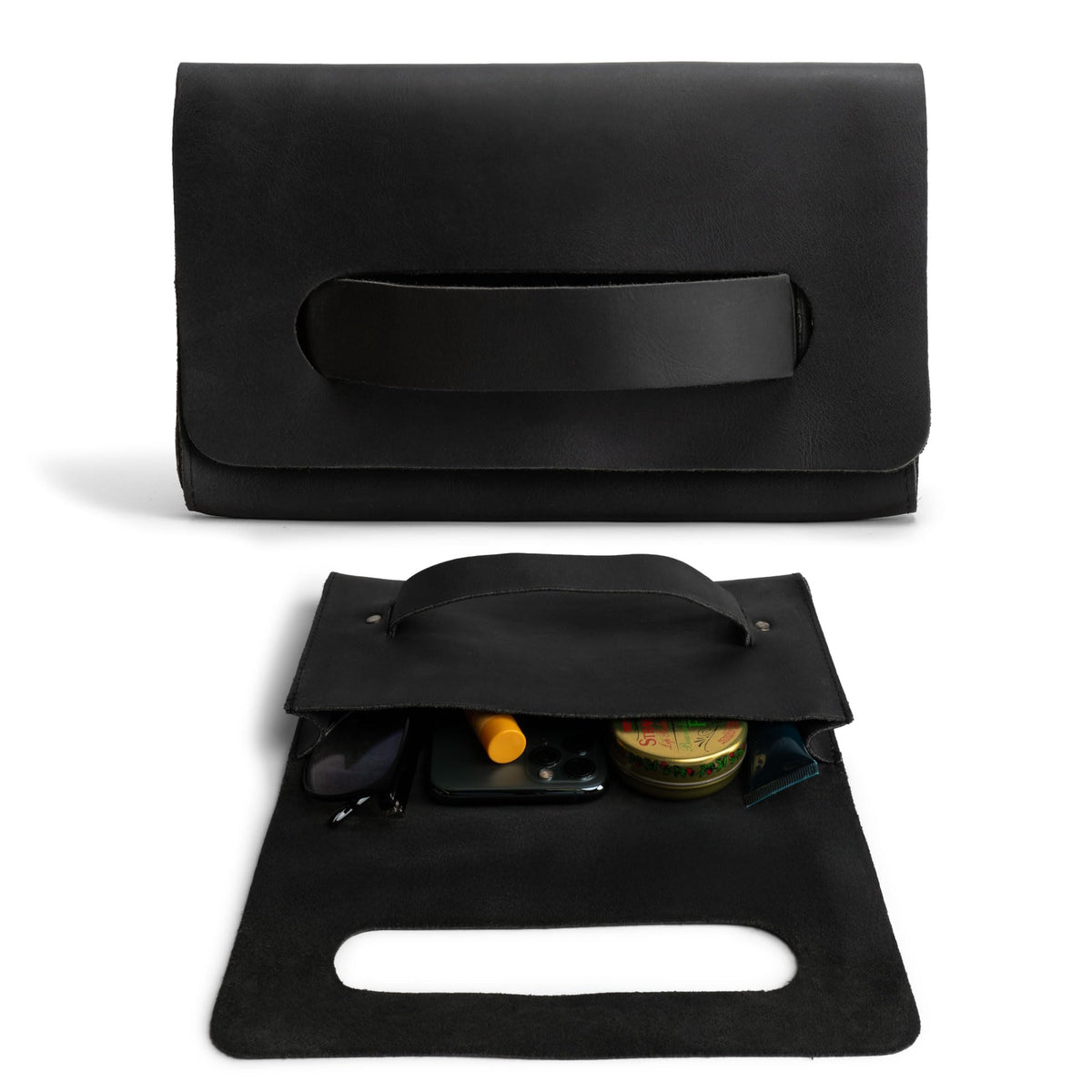 Hide & Drink, Rectangular Clutch Bag With Handle, Wallet for Cards, Money, Stylish Handbag, Full Grain Leather, Handmade, Charcoal Black