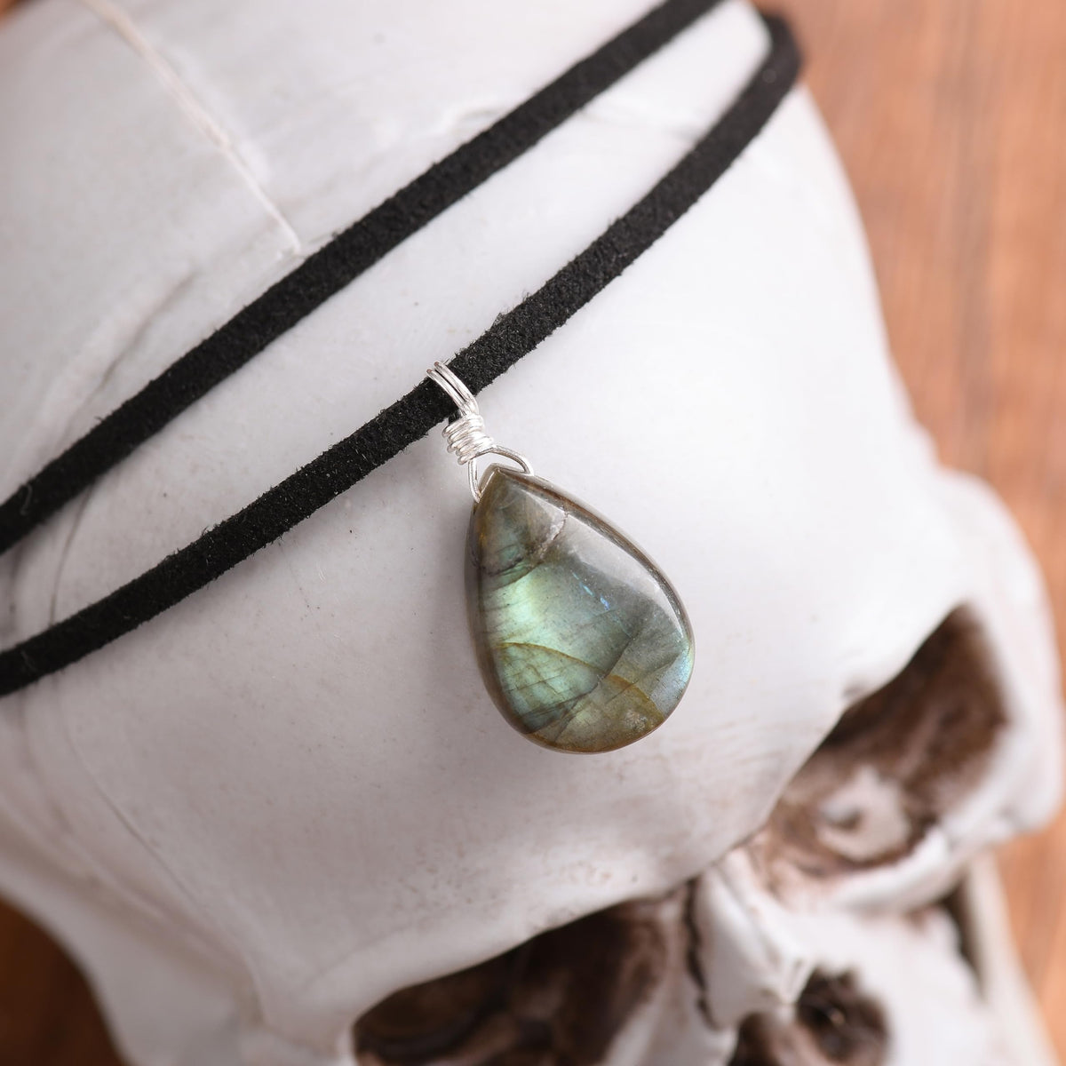 RareLove Black Leather Layering Choker Necklace for Women 925 Sterling Silver Teardrop Labradorite Stone Pendant Healing Crystal Necklace Gothic Boho Anxiety Jewelry