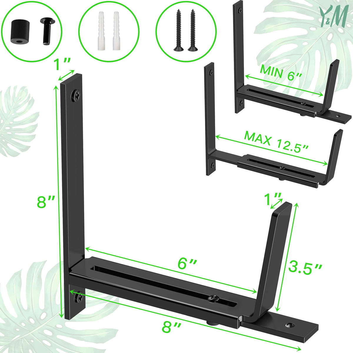 Y&M 4 PCS Adjustable Window Box Brackets for Planter Box, Heavy Duty Wall Mounted Hooks Hangers for Flower Baskets Holder Durable, Hanging Brackets for Fence Patio Garden Balcony