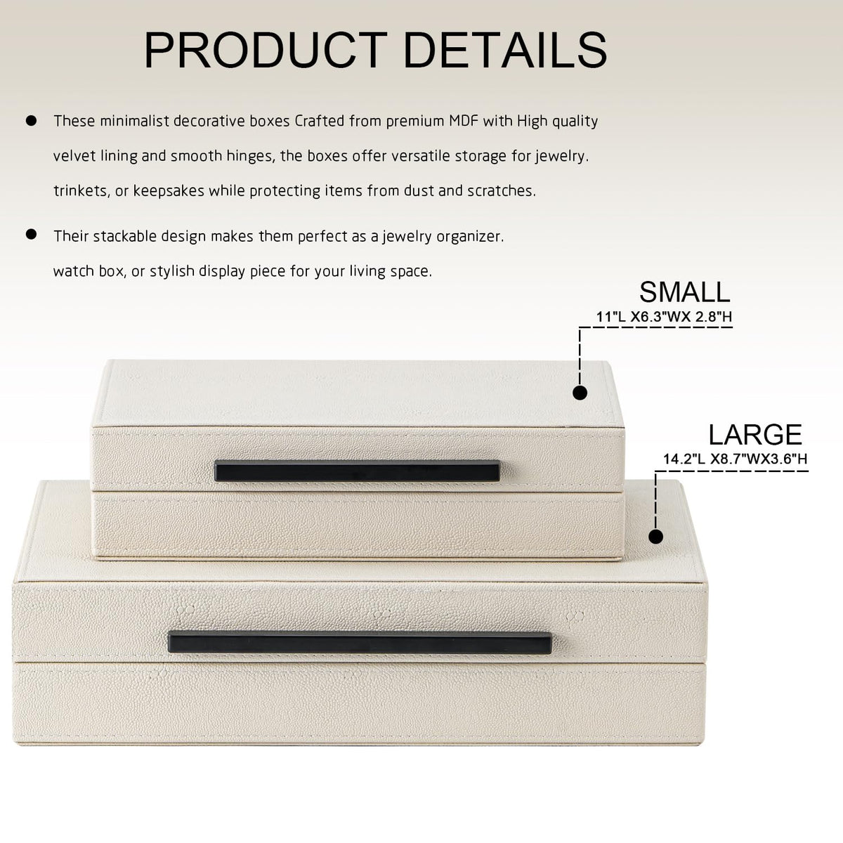 Set of 2 Beige Shagreen Decorative Storage Boxes with Black Metal Handles – Faux Leather Jewelry & Memory Boxes, Nesting Photo Organizers for Home Decor