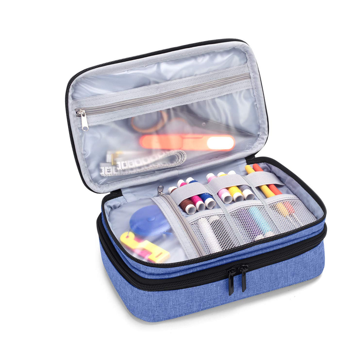 Luxja Sewing Accessories Organizer, Double-Layer Sewing Supplies Organizer for Needles, Scissors, Measuring Tape, Thread and Other Sewing Tools (NO Accessories Included), Dark Blue