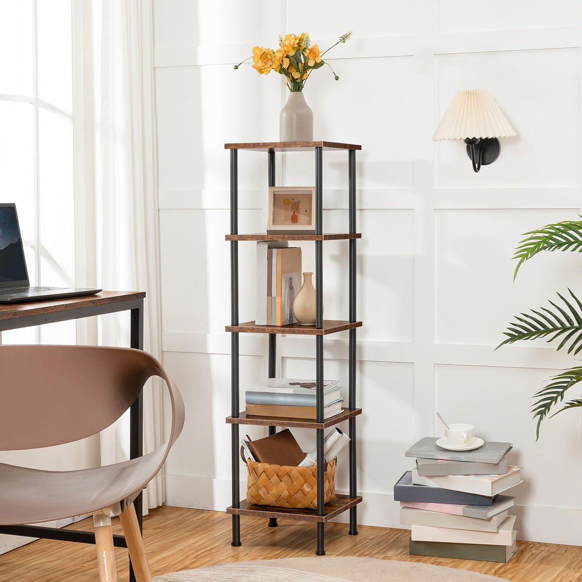 HOOBRO 5-Tier Corner Shelf Stand, Corner Square Rack Display Shelf, Tall Storage Plant Stand, Bookcase for Small Spaces, Living Room, Home Office, Kitchen, Rustic Brown and Black BF50CJ01