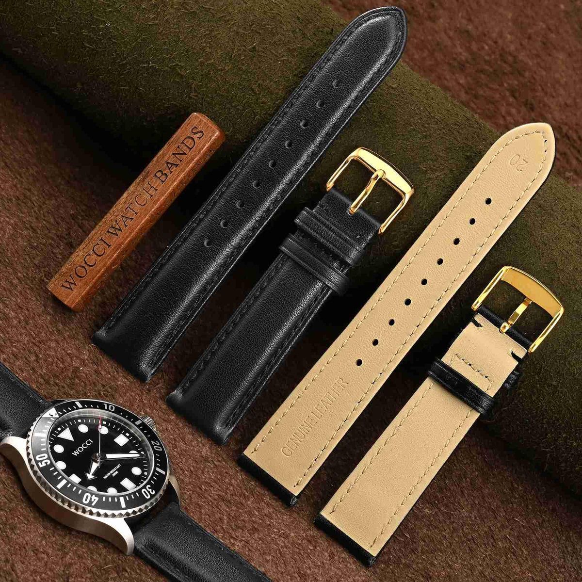 WOCCI 23mm Vintage Leather Watch Band for Men and Women, Gold Buckle (Black)