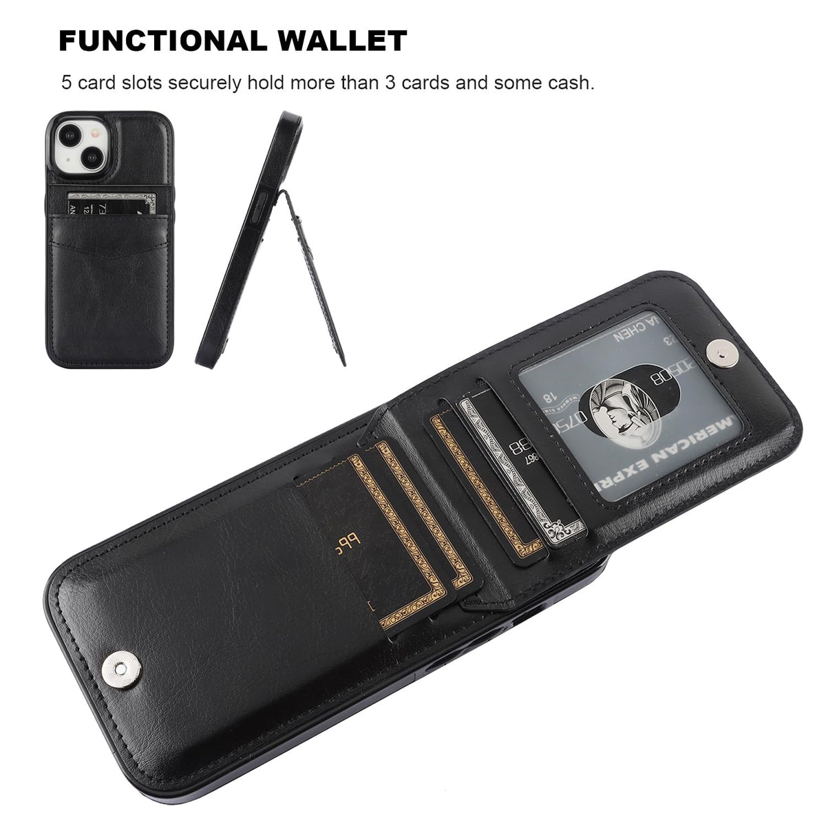KIHUWEY Compatible with iPhone 15 Case Wallet with Credit Card Holder, Flip Premium Leather Magnetic Clasp Kickstand Heavy Duty Protective Cover for iPhone 15 6.1 Inch (Black)
