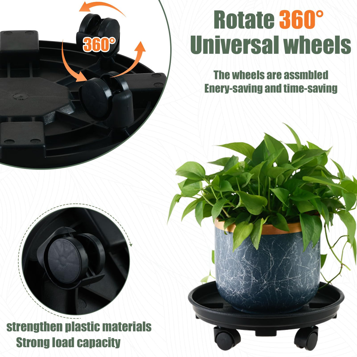 6 Packs 13 Inches Large Plant Caddy with Wheels Plant Saucers on Wheels Rolling Plant Stands Heavy-duty Plant Dolly Plastic Planter Roller Base Pot Movers Outdoor Plant Tray Coaster, Black