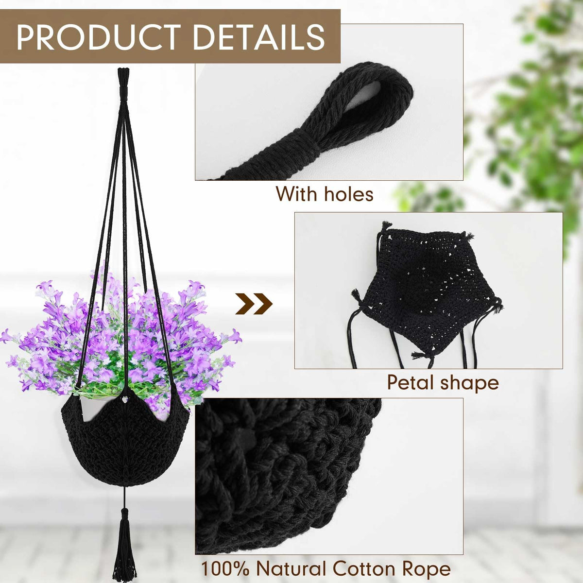 Shappy 1 Pack Jute Crochet Long Plant Hanger for 3 Inch to 12 Inch Pots, Macrame Plant Holder Rope with S Shaped Hooks for Halloween Home Decor (Black)