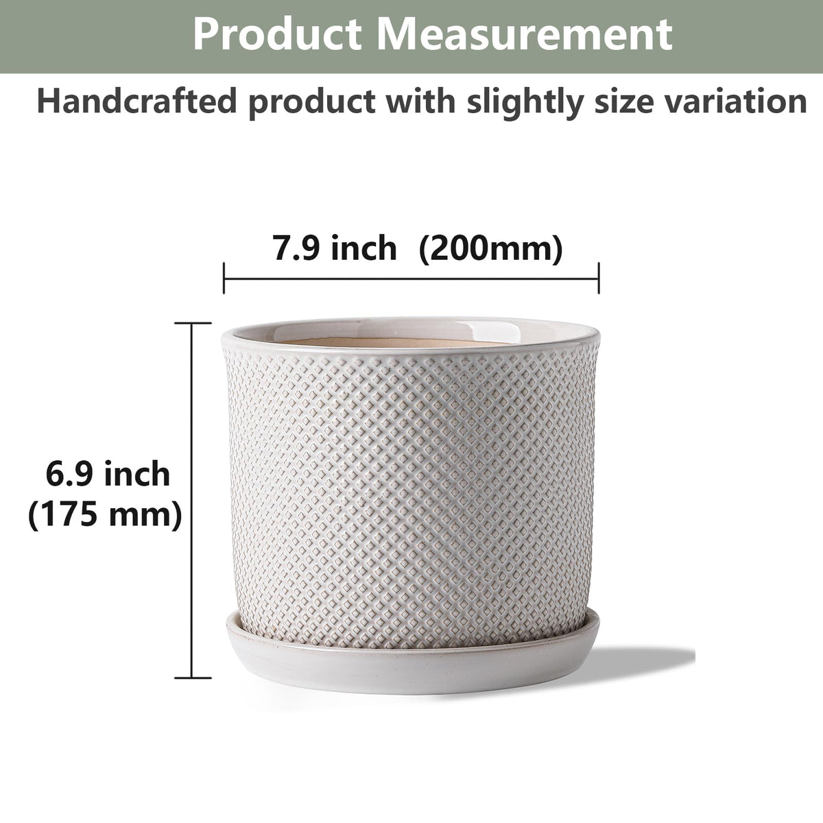 Chubacoo 8 Inch Plant Pot: Ceramic Planter with Drainage Hole & Saucer Indoor Outdoor Plants - Flowerpot with Bonded Tray for Home Office - Beaded Embossed Style, Cream White