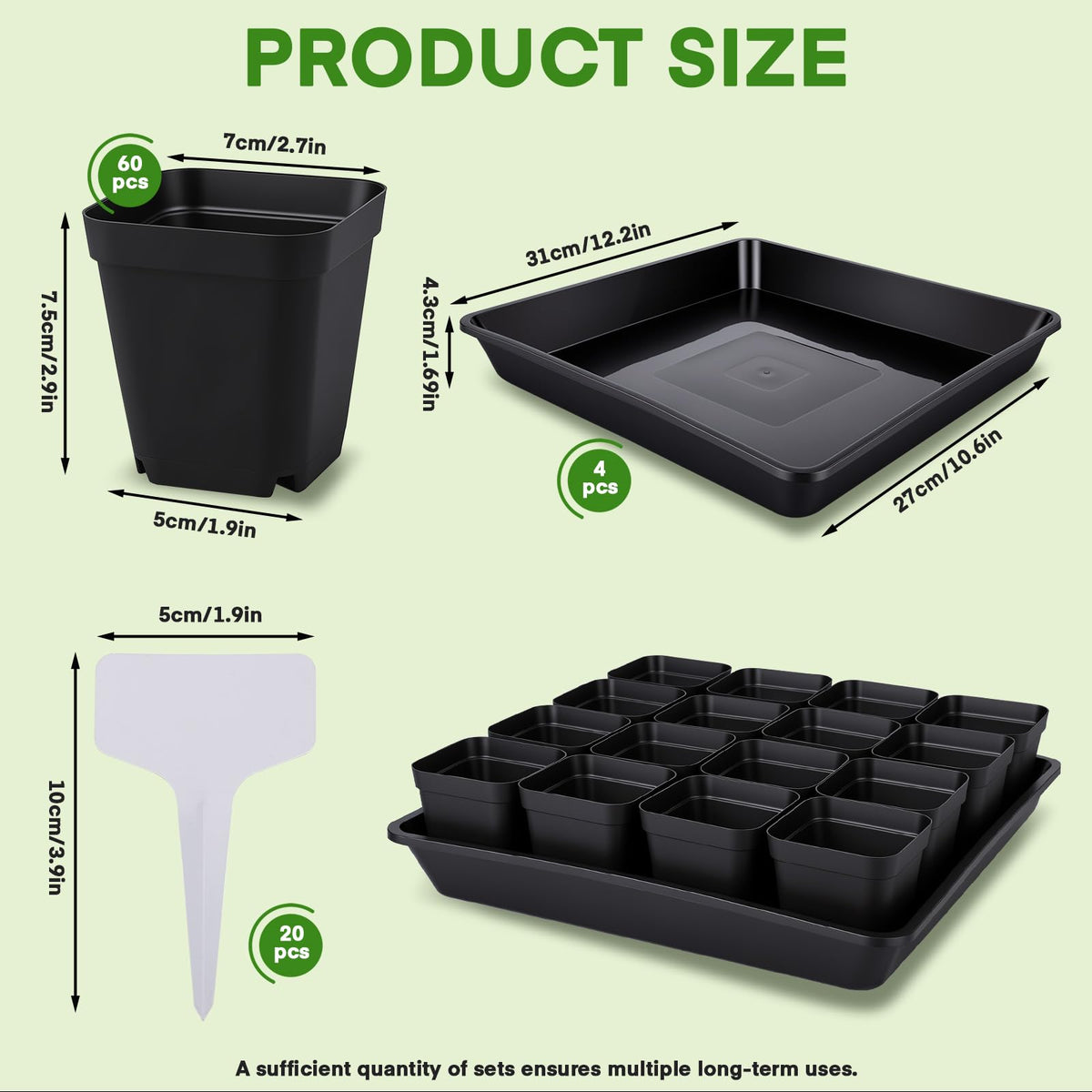 GREANER 4PCS Seed Starting Trays 12 Inch, 60PCS 2.7 Inch Sturdy Seedling Pots with Drain Holes and 20PCS Plant Labels for Indoor&Outdoor Use