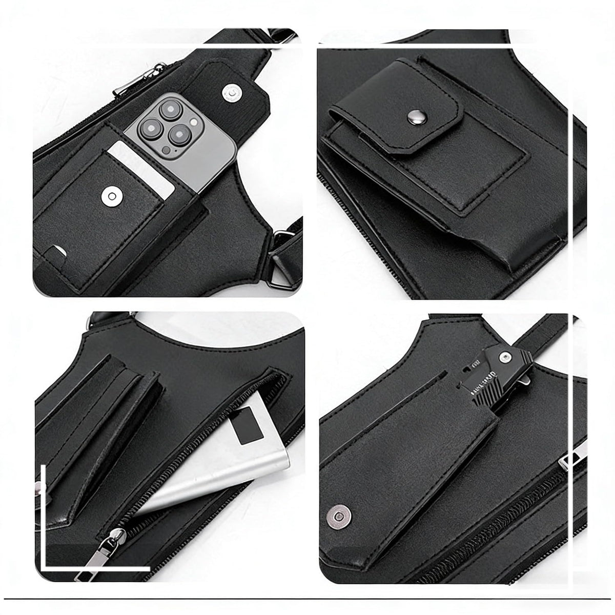 Unisex Premium Leather Shoulder Bag, Adjustable Anti Pickpockets Accessories & Armor Hidden Underarm Strap Wallet (Black)