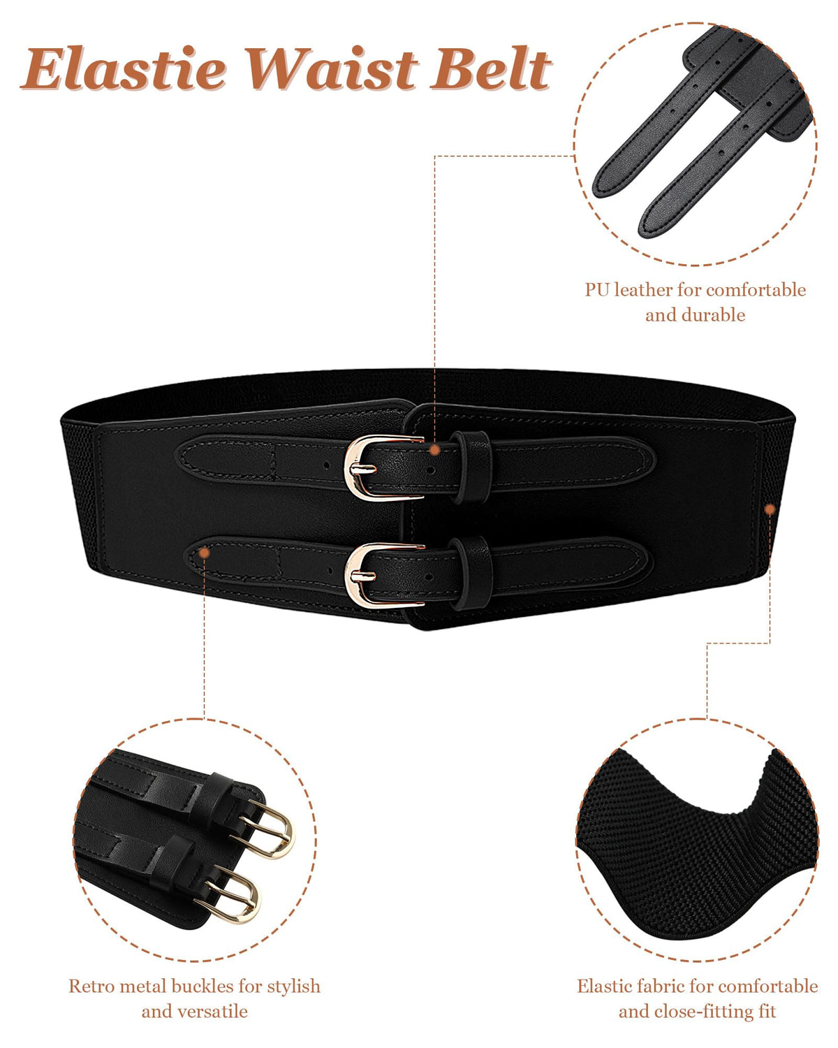 Kajeer Women Wide Elastic Waist Belt - 2.4inch Wide Stretchy Belt Vintage Double Buckle Fashion Cinch Belts for Dress(S,Black)