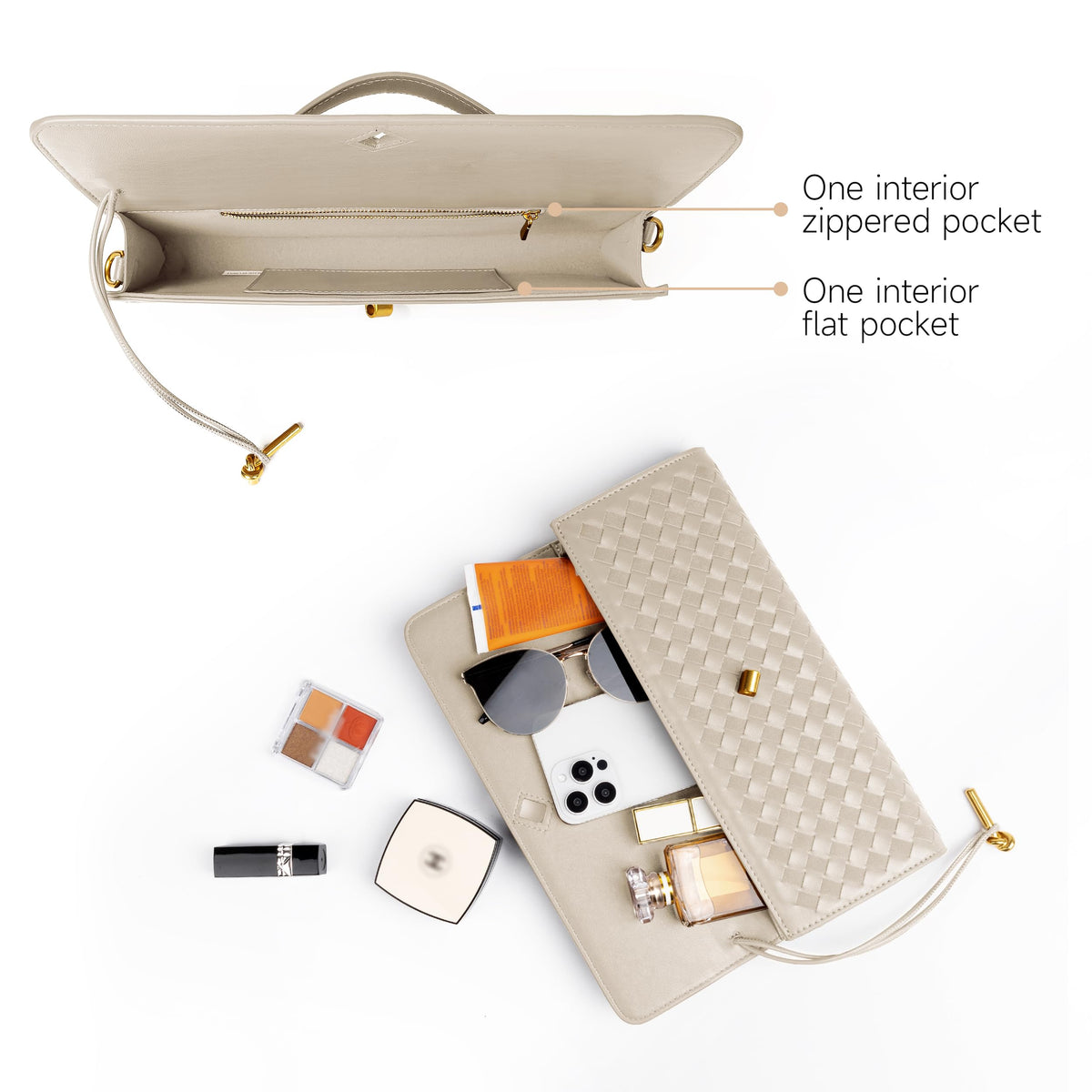 Joryin Woven Purse For Women Evening Clutch Woven Leather Handbags Crossbody Bag Suede Purse Formal Evening Bag, Seashell Beige