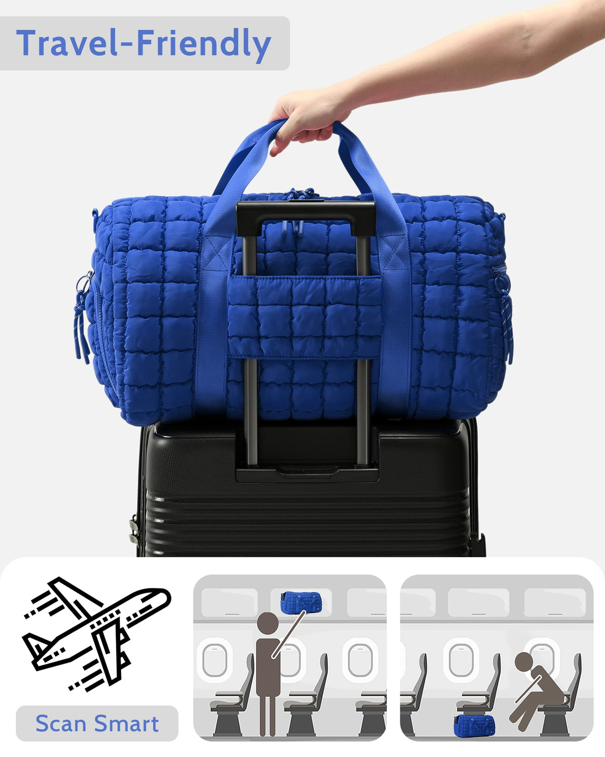 Quilted Duffel Travel Bag for Women, Puffer Gym Duffle Bag with Shoe Compartment Lightweight Large Crossbody Sport Bag Tote Blue