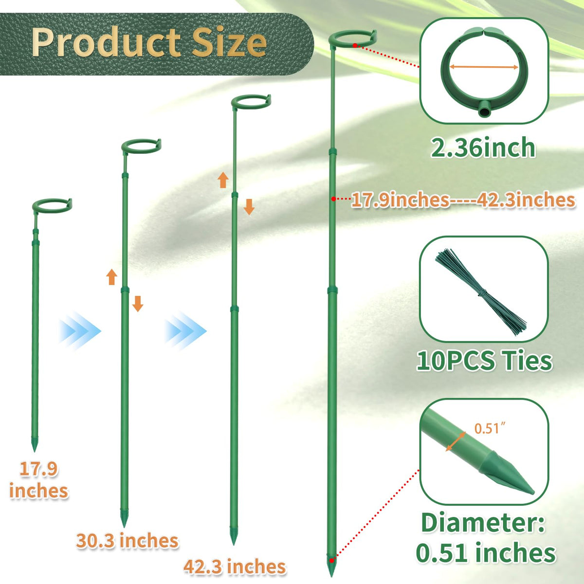 Telescoping Plant Stakes,5Pcs 17.9In to 42.3In Adjustable Monstera Plant Support Orchid Sticks with Clips, Plant Sticks Support Tall for Monstera,Orchids,Tomatoes,Vines & Indoor Outdoor Plants