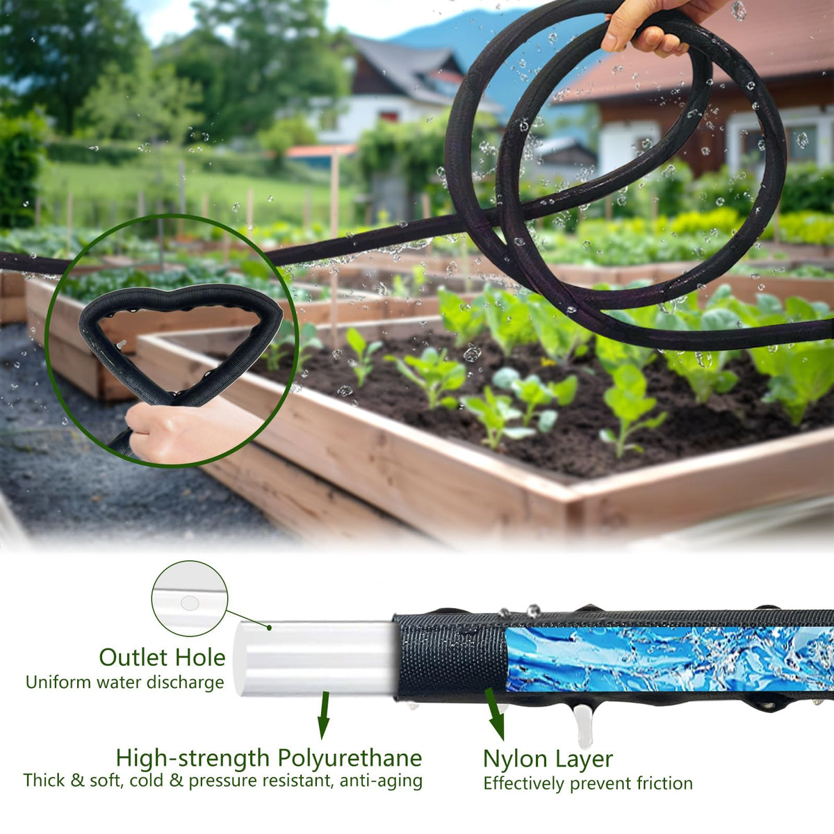 Soaker Hose 100FT, Thickened Flat Soaker Hoses For Garden 100 ft 2 pack, Drip Irrigation Hose Saves 80% Water, Leak-free Design Water Hose with Holes For Lawn, Flower Bed, Vegetable Field (50 FT x 2)