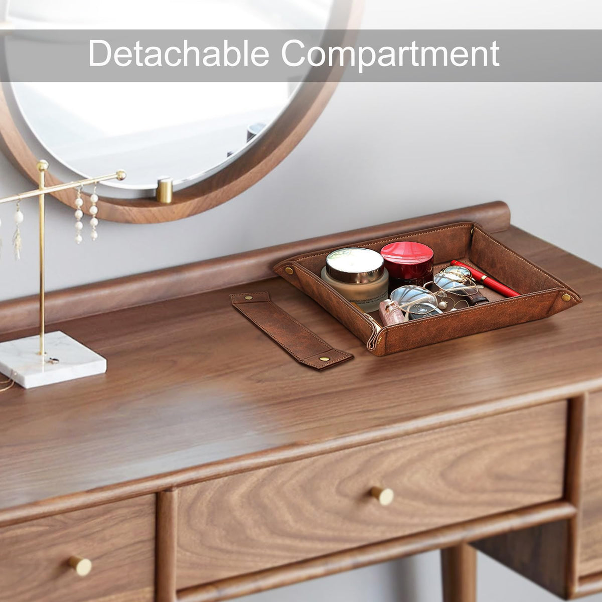 SITHON Valet Tray Desktop Storage Organizer, Removable 2 Compartments Catchall Tray Bedside Vanity Nightstand Caddy Holder Desk Storage Plate, Valentine's Day Gift, Brown