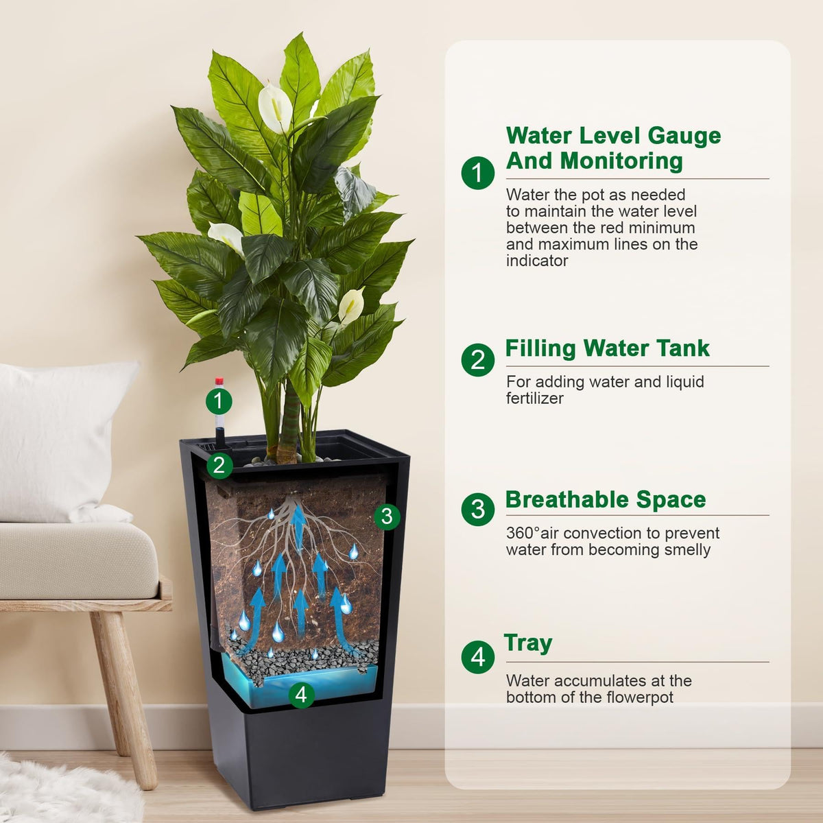 ExploreHorizon 22.5" Tall Planters Set of 2, Outdoor & Indoor Planter Pots for Front Porch and Patio, Automatic Watering Garden Planters with Water Level Monitor, Inner Bucket & Drainage Holes，Black