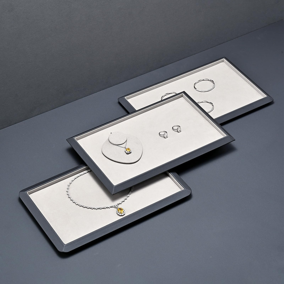 Oirlv Gray Leather Jewelry Display Tray with Microfiber Lining, Premium Rounded Corner Organizer