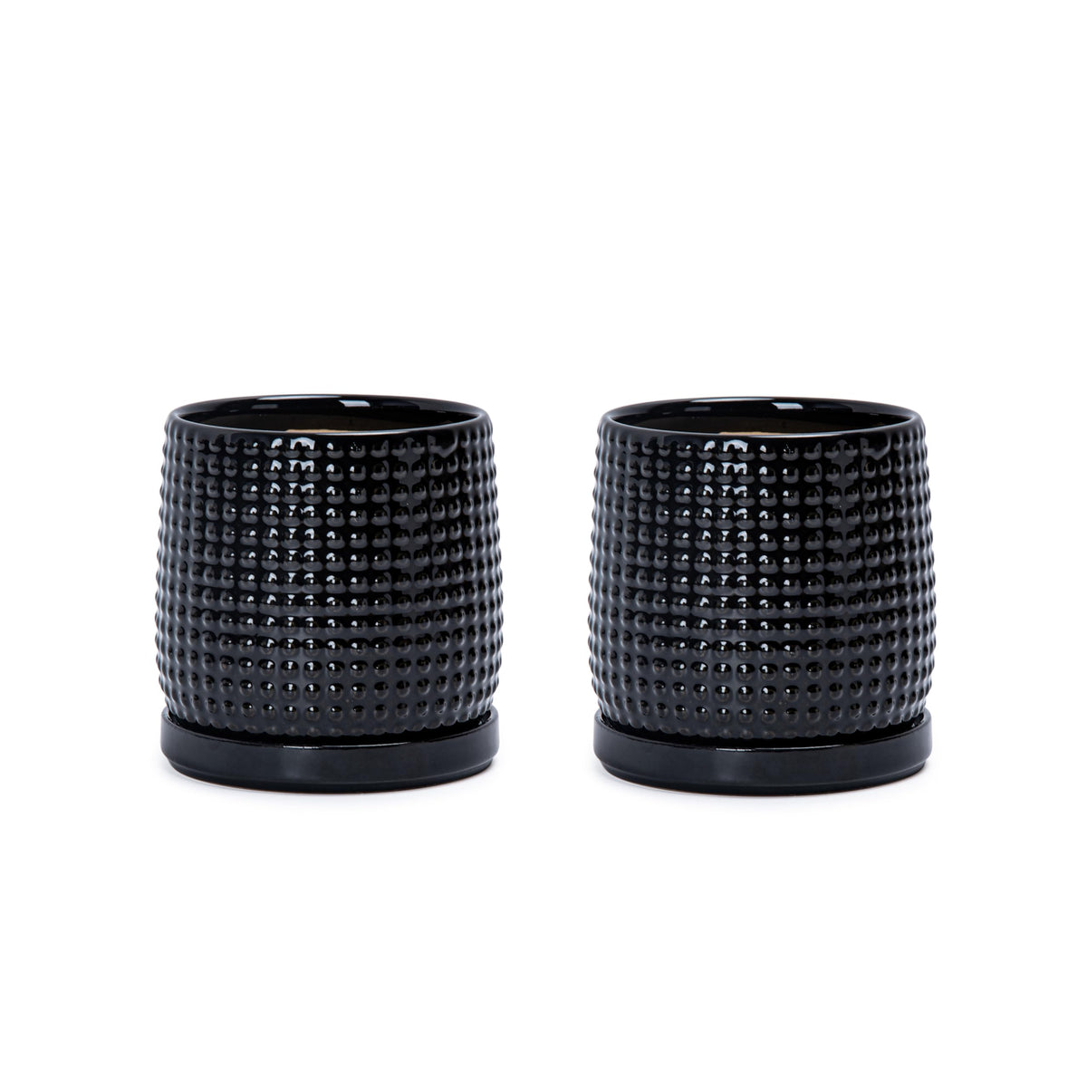 D'vine Dev Set of 2 Ceramic Plants Pots, 4 Inch Beaded Stoneware Flower Pot for Plants with Drainage Hole and Saucer, Glossy Black, 27-E-Z-2