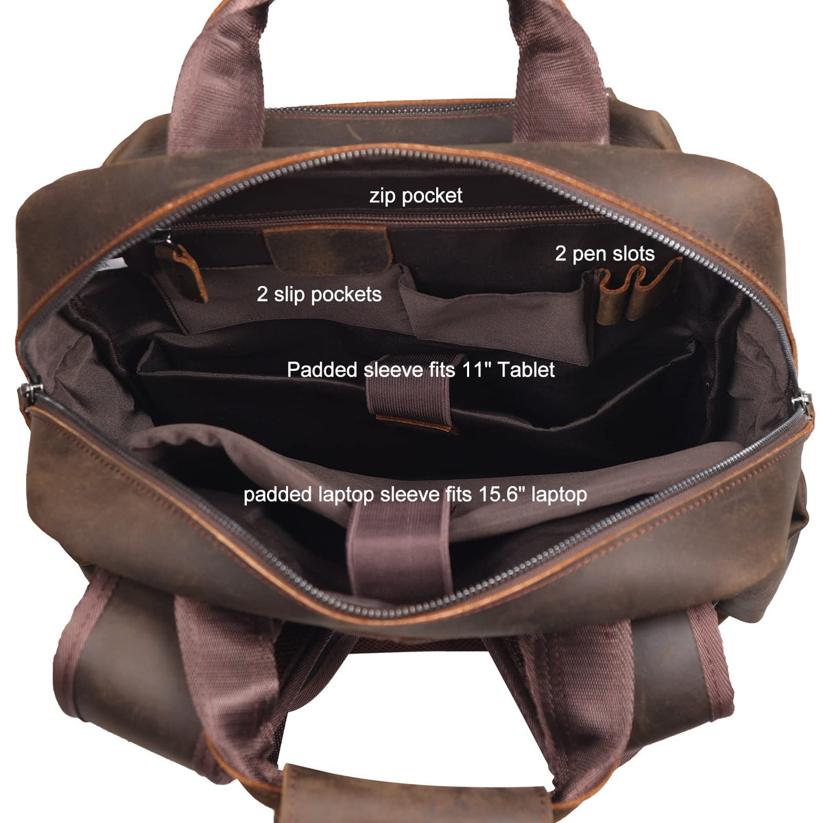 Masa Kawa Leather Backpack for Men Vintage 15.6 Inch Laptop Bag Multi Pockets Casual Work Travel Camping Daypack (deep brown)