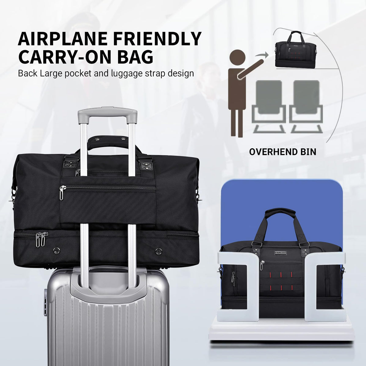 WITZMAN Travel Duffle Bags for Men Weekender Bags with Toiletry Bag Sets Carry On Overnight Bag 55L （B696 Black）