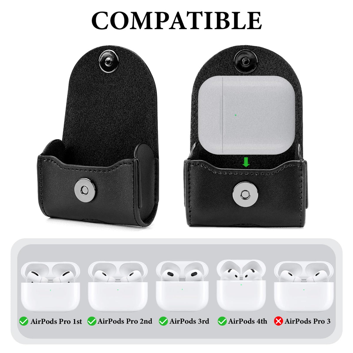 Geekria Protective Carrying Pouch Compatible with Apple AirPods 4th/3rd, AirPods Pro 2nd/Pro 1st, Leather Clip-On Case Cover, Durable Belt Holder (Black)