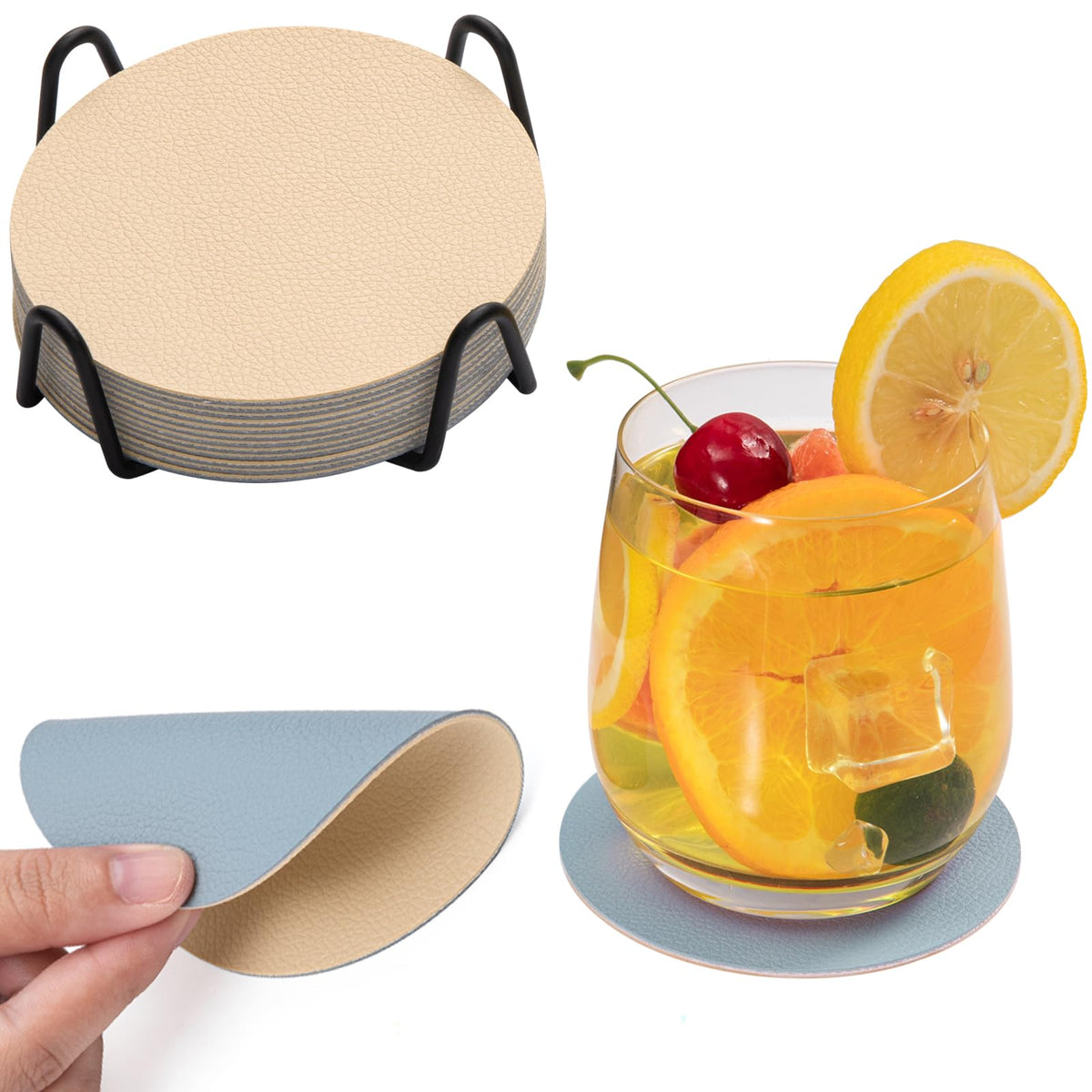 Chitomars Faux Leather Coasters Set of 12, Dual Sided for Coffee Tabletop Protection, Non-Slip Washable Cup Coasters (Beige Yellow Light Blue)