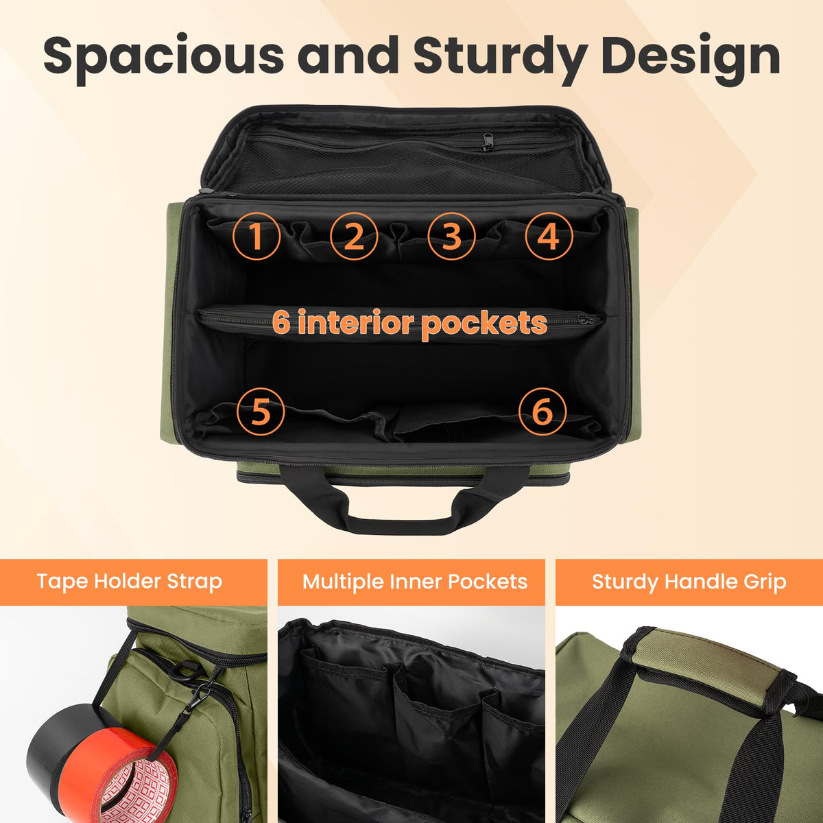 VJI Heavy Duty Tool Bag with Multi-Pockets, Portable Storage Bag with Large Zipper, Carrying Toolbag with Adjustable Shoulder Strap and Ergonomic Handle, Repairman, Carpenters, Handyman, Green