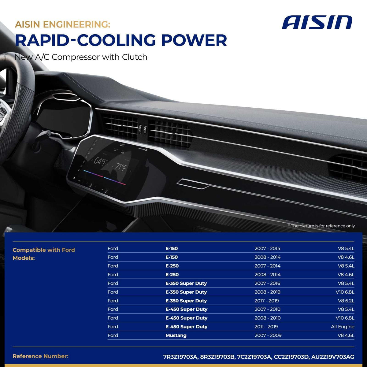 AISIN AFTERMARKET ACCFD-00088 Air Conditioner AC Compressor - Compatible with Ford Mustang 2007-2009, E-150 E-250 2007-2014, E-350 E-450 Super Duty 2007-2019 - with 6-Pulley Groove, with Clutch