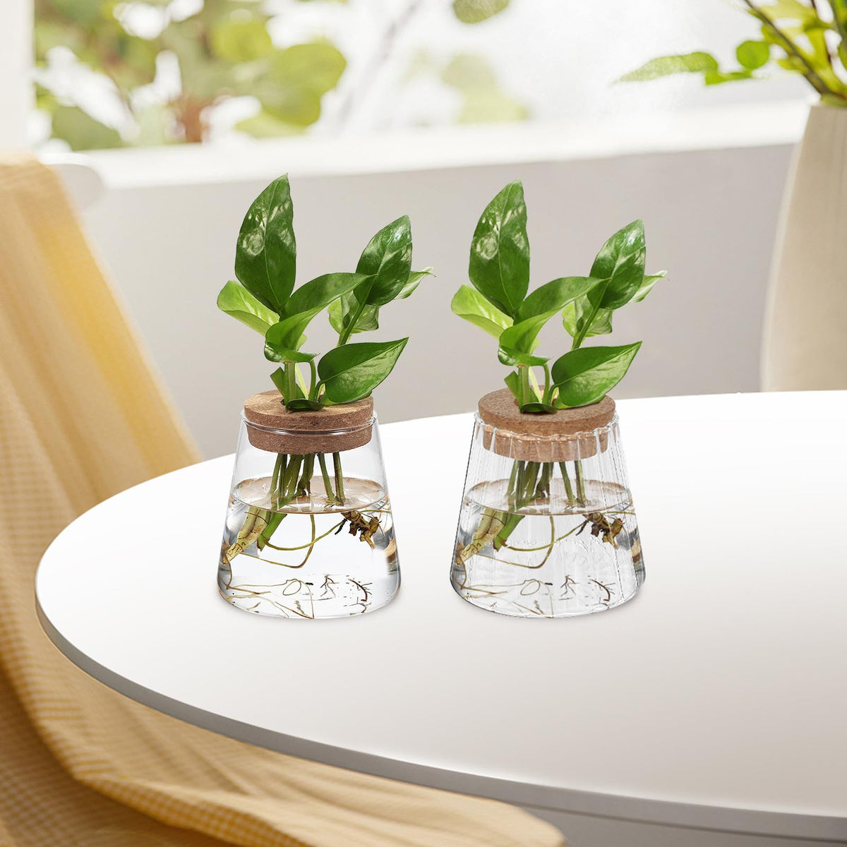 Operitacx 3pcs Hydroponic Glass Propagation Vases with Smooth, Hammered Vertical Texture Volcanic Neck and Wood Stopper, Indoor Plant Terrarium Set for Home and Office Décor