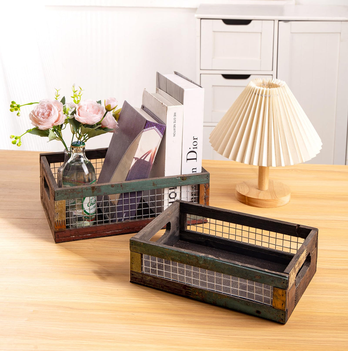 TIMRIS Set of 2 Rustic Wooden Countertop Baskets, Farmhouse Distressed Nesting Boxes, Small Decorative Wooden Storage Crates, Reclaimed Wood Organizer Baskets with Wire Mesh (Random)