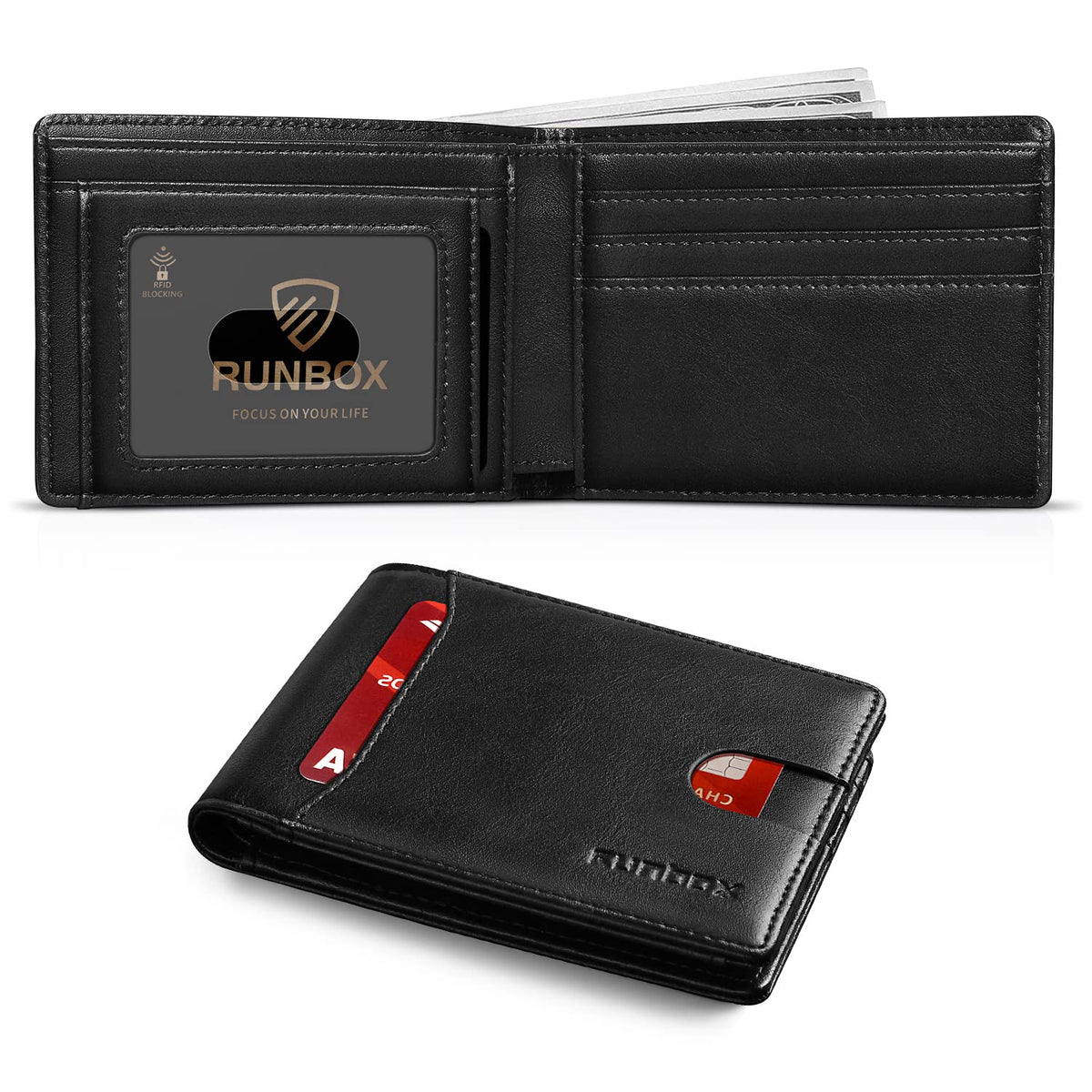 RUNBOX Wallet for Men Slim 11 Credit Card Holder Slots Leather RFID Blocking Small Thin Men's Wallet Bifold Minimalist Front Pocket Large Capacity Gift Box