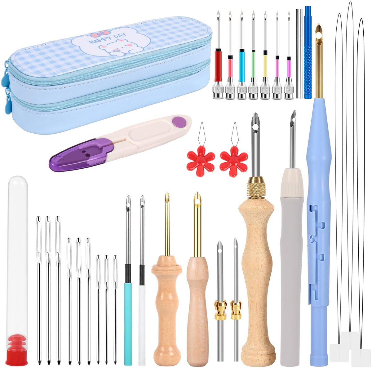 35Pcs Punch Needle Kit Adult Beginner, Adjustable Punch Needle Tool with Different Size Needles & Storage Case, Wooden Handle Embroidery Pen Set for Gifts, Decoration & DIY Craft Project