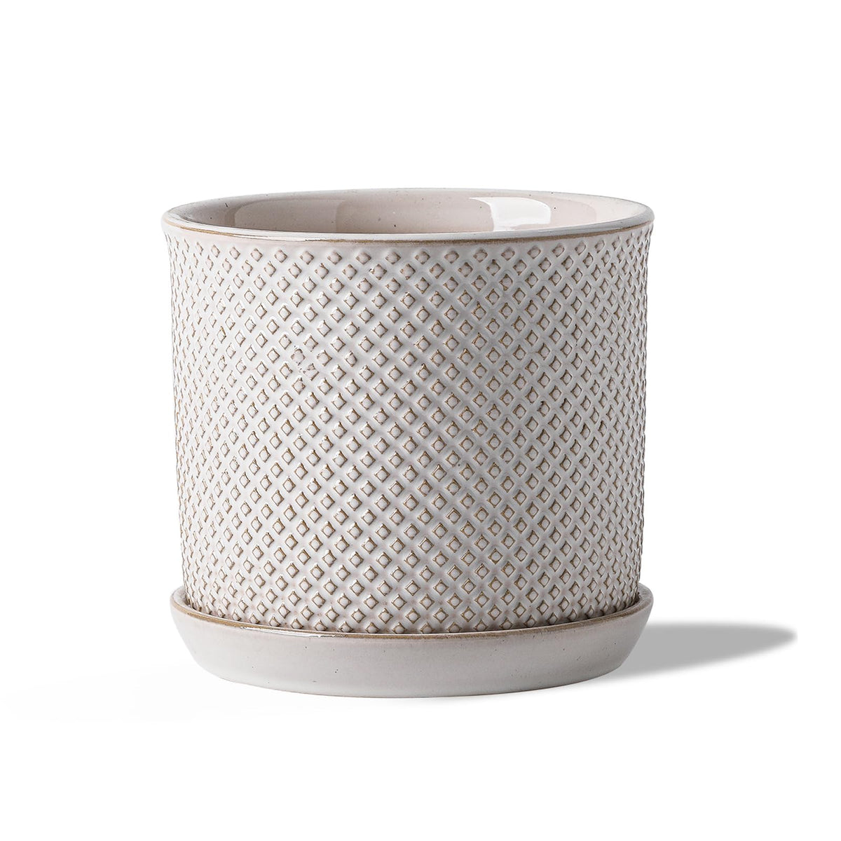 Chubacoo 5.8 Inch Plant Pot: Ceramic Planter with Drainage Hole & Saucer for Indoor Outdoor Plants - Flowerpot with Bonded Tray for Home Office - Beaded Embossed Style, Cream White