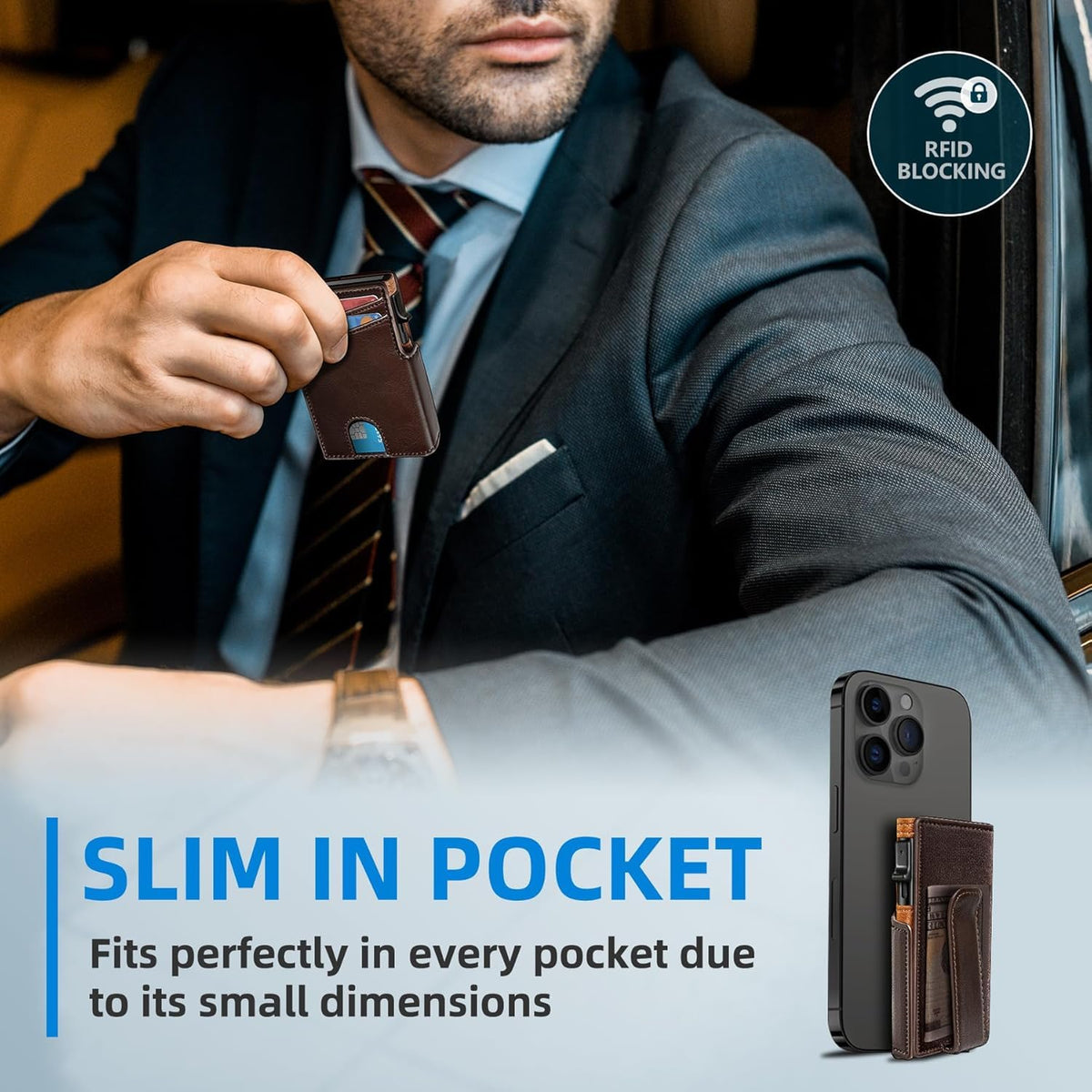 Plinvo Men's Slim Front Pocket Wallet with Integrated Money Clip & Coin Pocket, RFID Blocking & ID Window (Brown)