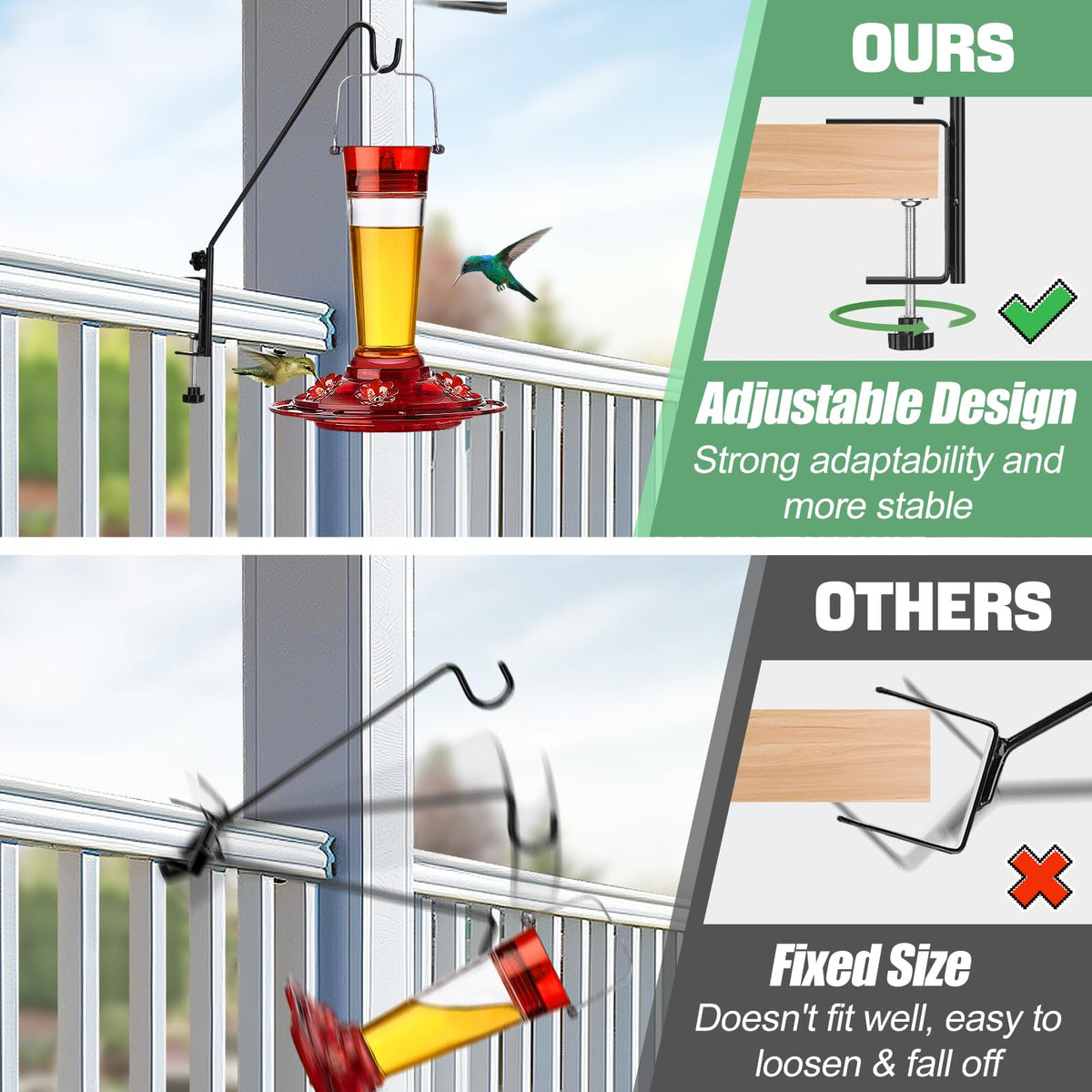 Biubee Deck Bird Feeder Hanger for Failing- 2Pack Heavy Duty Steel Stable Deck Railing Plant Hanger Outdoor, with Adjustable 3.1" Clamp, Deck Hook for Bird Feeder Plant Hangers Lanterns, 13.8 Inches