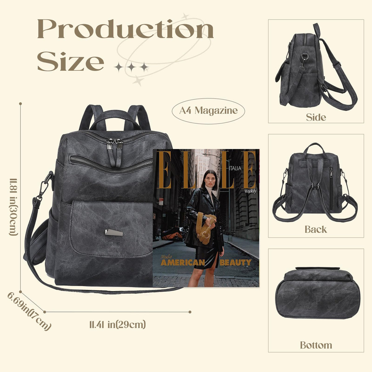 ROOSALANCE Backpack Purse for Women, Women Backpack Purse Small Leather Waterproof Anti-theft Shoulder Bags Handbags, Fashion Ladies Back pack for Daily Travel Work (Black Grey)