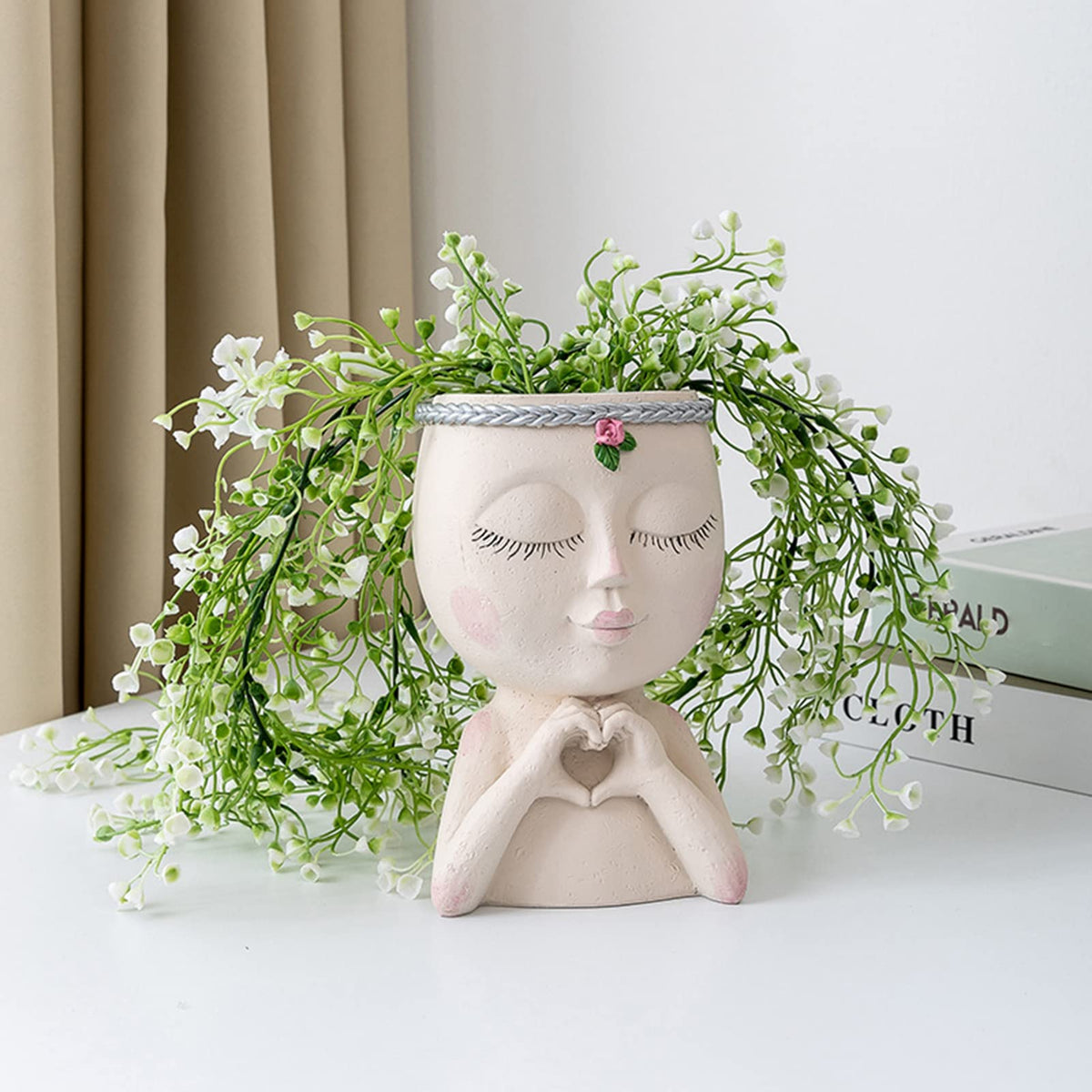 Altsuceser Face Flower Pot Head Planter, Little Girl Closed Eyes with Heart Gesture Flowerpot Planter Pots, Female Head Succulent Pots with Drainage Hole for Indoor Outdoor Plants White One Size
