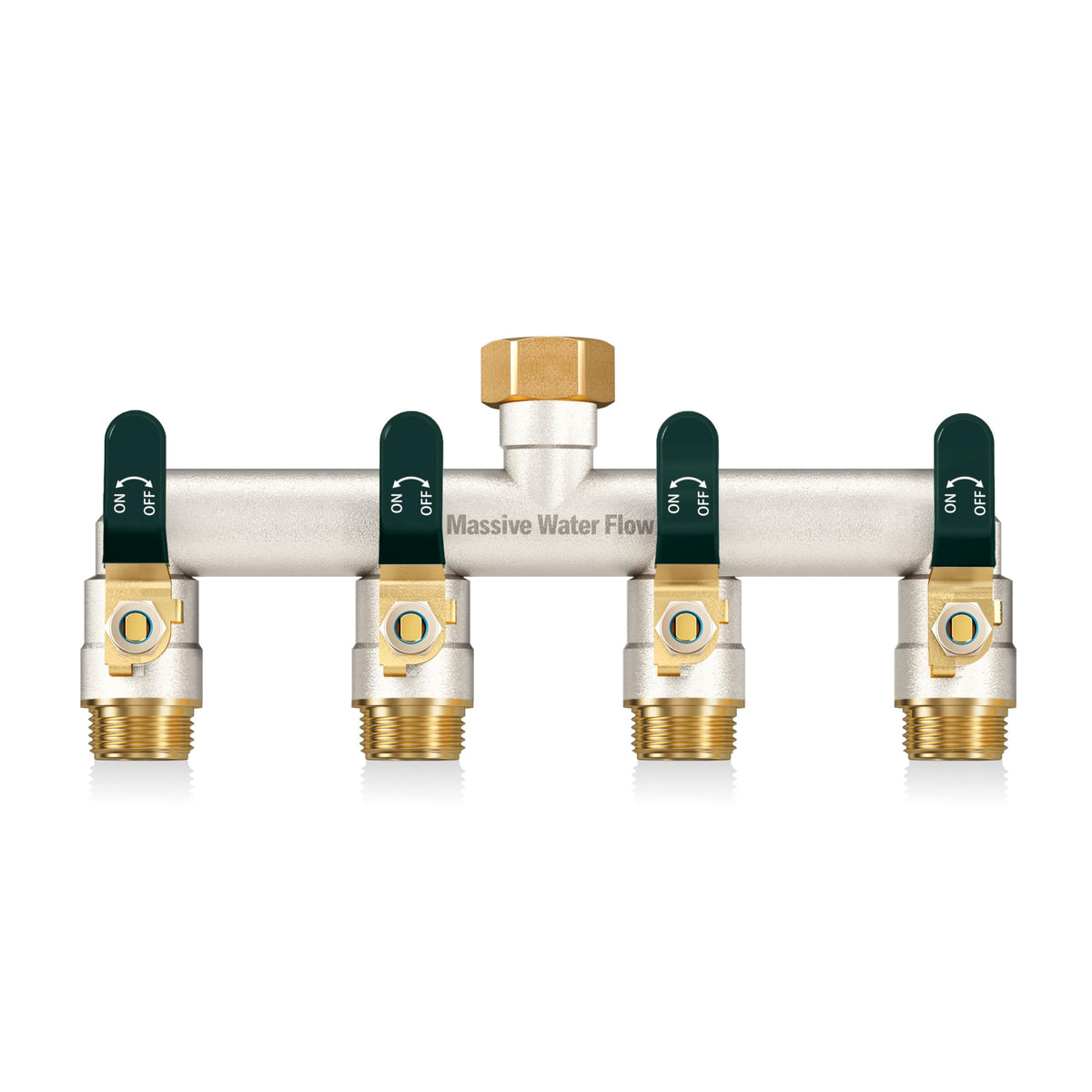 4 Way Hose Splitter, Heavy Duty Full Flow Garden Hose Splitter with 4 Large Metal Handles, Brass Water Hose Bib Splitter, T Adapter Connector with 3/4 - Inch GHT Thread (Green)