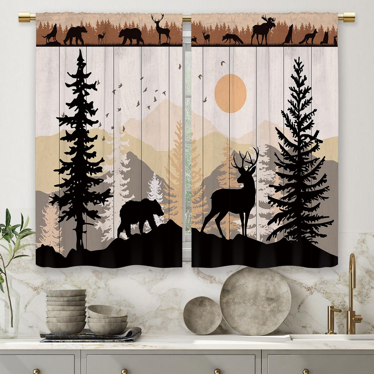 Laifzere Farmhouse Forest Cabin Kitchen Curtains Rustic Wooden Small Short Cafe Window Curtains Tree Country Deer Bear Rod Pocket Bathroom Window Drapes Treatment Tier Curtains 2 Panels (27.5x39 Inch)