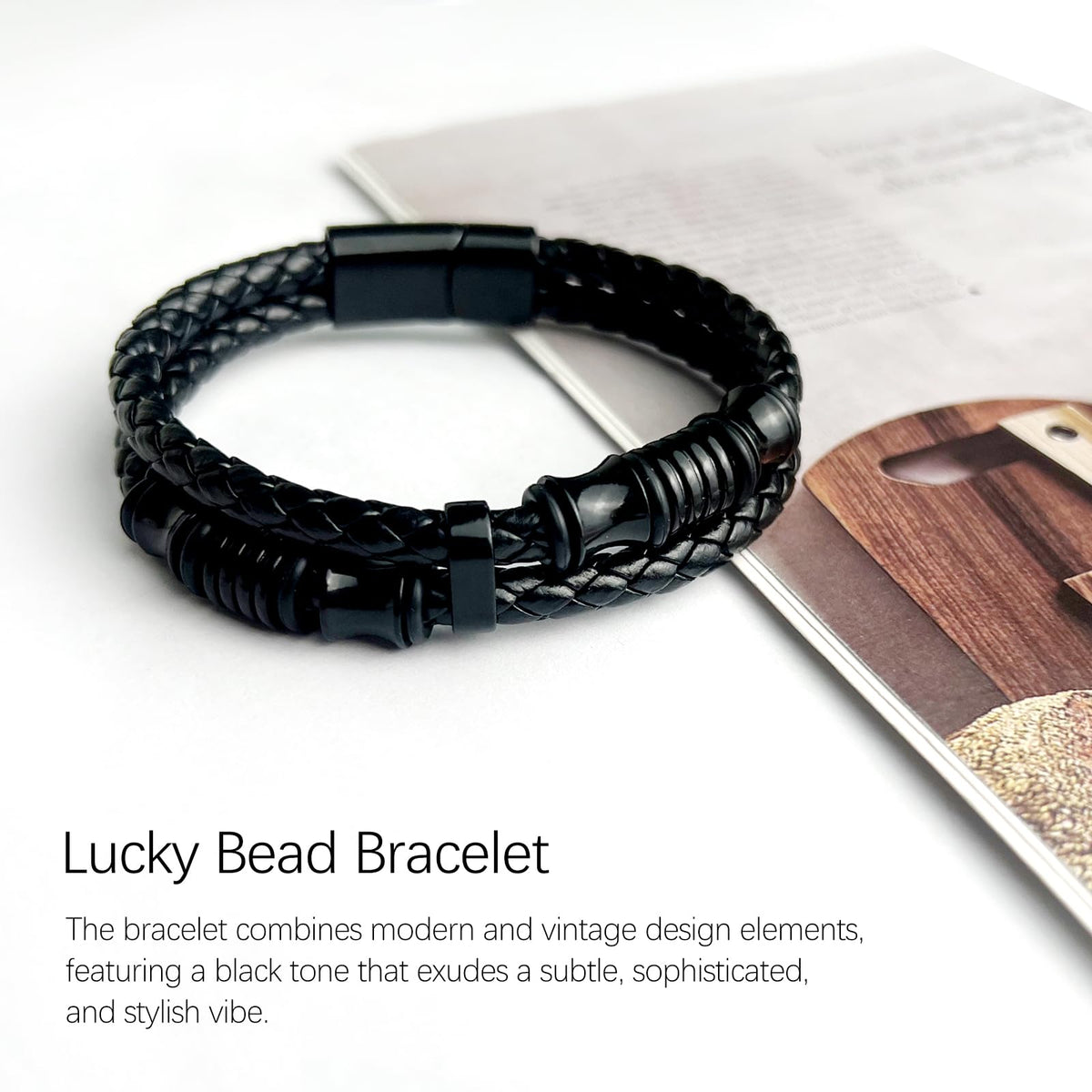 Tienyuu Men’s Double-Row Braided Leather Bracelet with Stainless Steel Ornaments – Black Leather Wristband Bangle