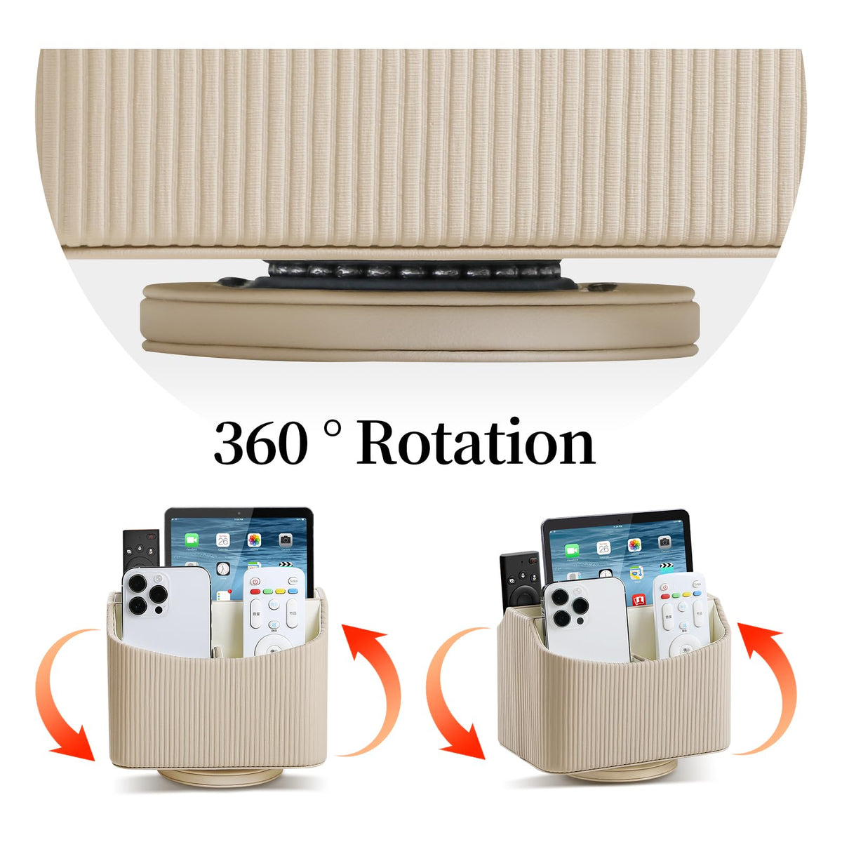 NICLNGSH PU Leather Remote Control Holder, 360 Degree Rotating Desk Organizer Storage Table Remote Caddy, Spinning Bedside Organizer Nightstand Organizer for Desktop Office Home (Beige)