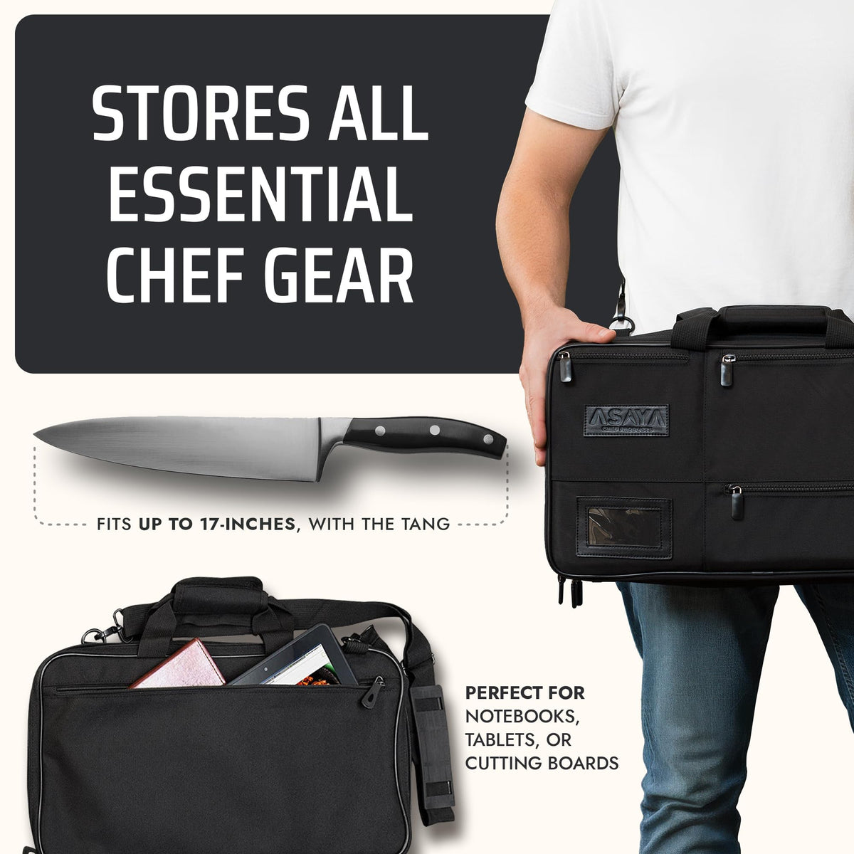 Asaya Chef Knife Bag - 28-Pocket Knives Carrying Case for Kitchen Tools and Utensils, Ballistic Nylon Chef Knife Roll Bag with Adjustable Shoulder Strap - Knives Not Included (Black)