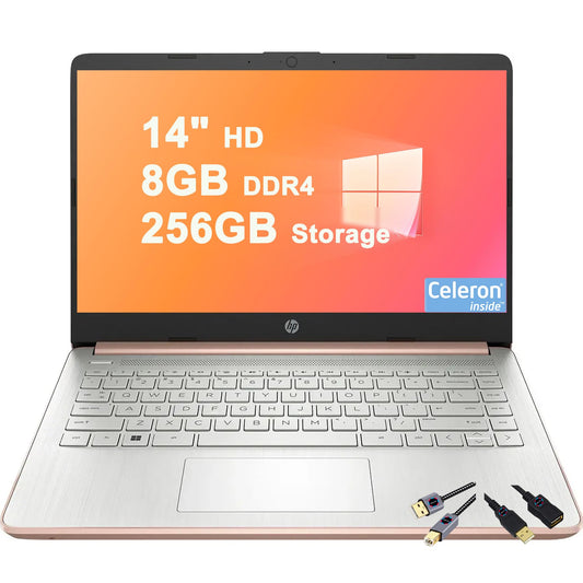 HP 14 Lightweight Business & Student Laptop | 14" HD Anti-Glare | Intel 4-core Celeron N4120 | 8GB DDR4 256GB Storage (128GB eMMC + 128GB SD Card) | Type-C Long-Lasting Battery Win11 w/DLCA Accessory